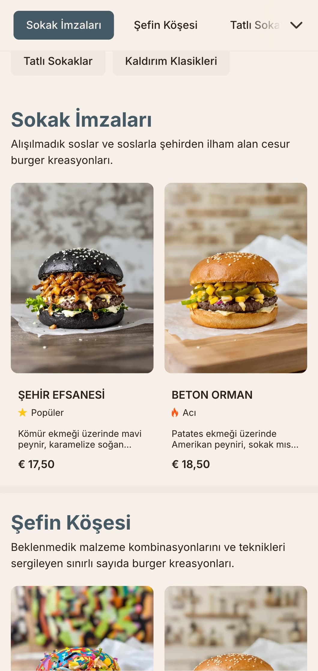 Çağdaş ve rahat bir burger deneyimi için keskin kontrastlar ve sokak sanatı unsurları içeren kentsel sokak yemeklerinden ilham alan tasarım.
