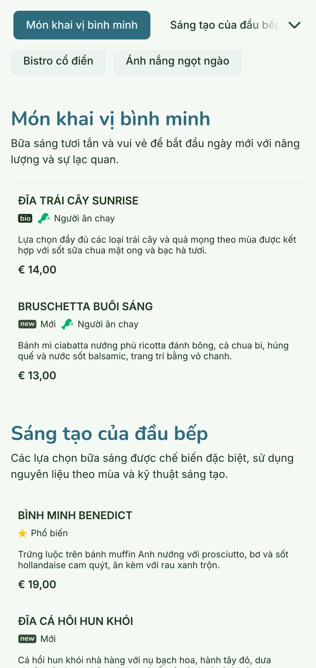 Thực đơn bữa sáng tươi vui, vui tươi với các nguyên liệu tươi ngon, đầy màu sắc trong không gian quán rượu giản dị nhưng tinh tế.