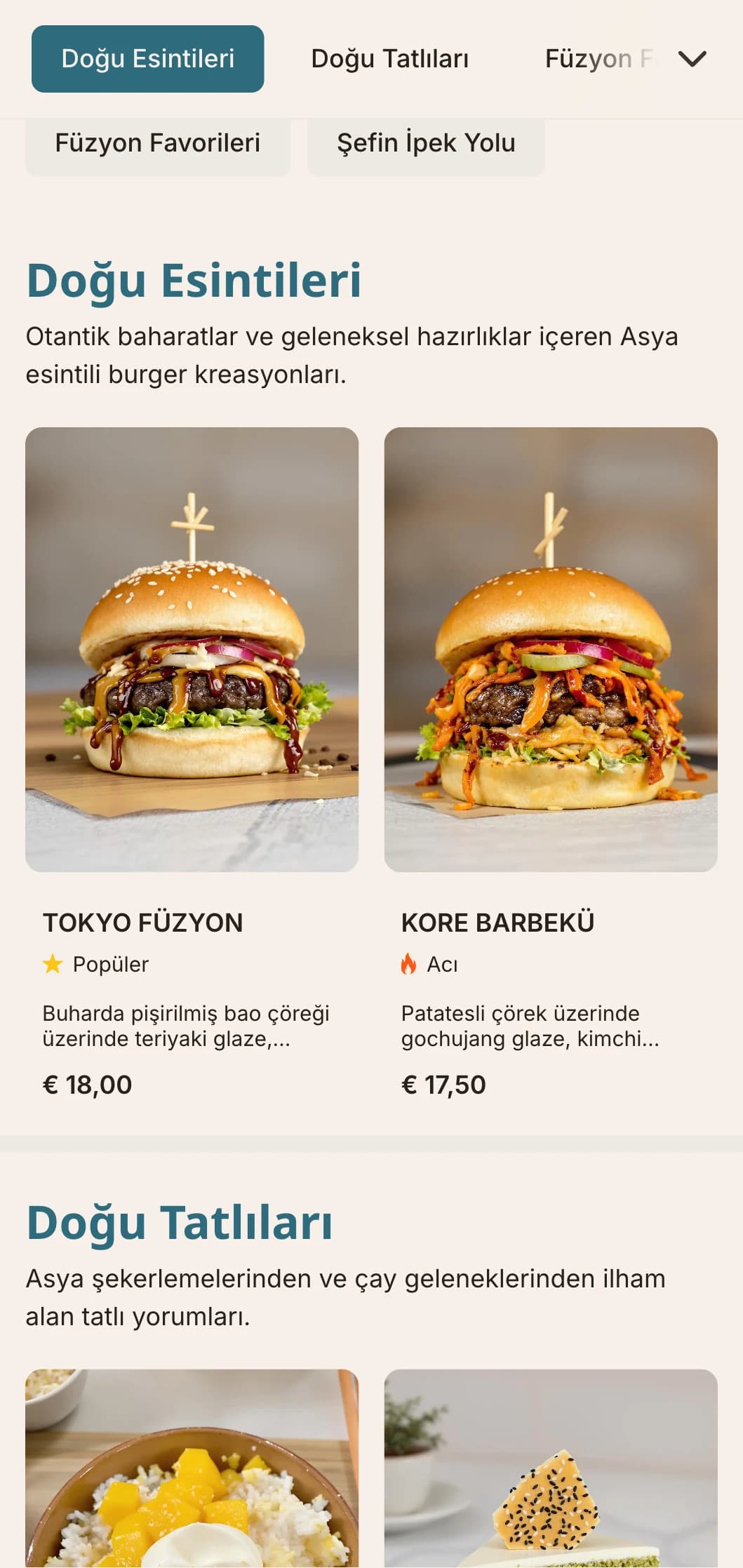 Asya esintili lezzetleri ve çağdaş sunumuyla Doğu ve Batı burger füzyonu.
