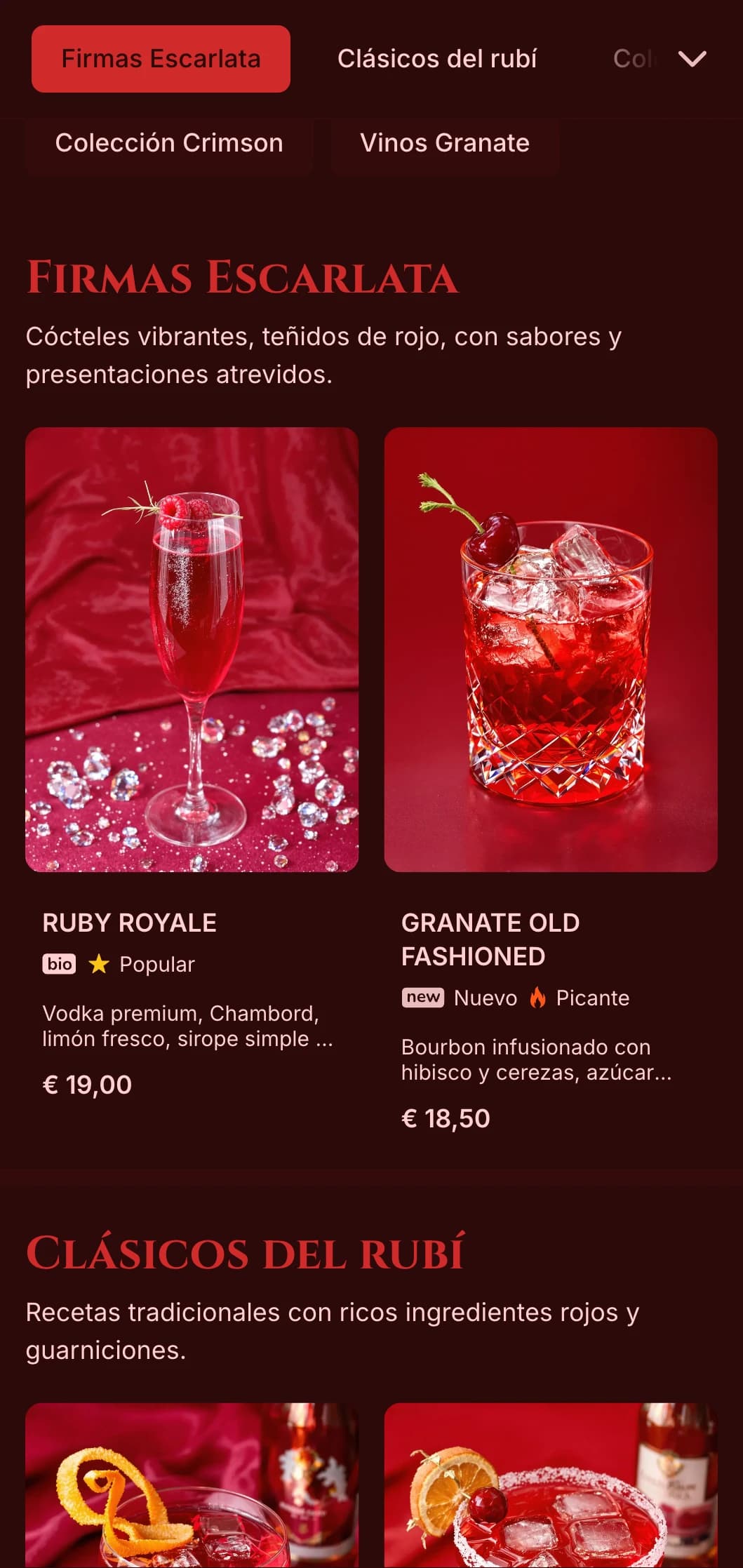 Diseño en rojo intenso con ricas texturas para vinotecas y coctelerías apasionadas.