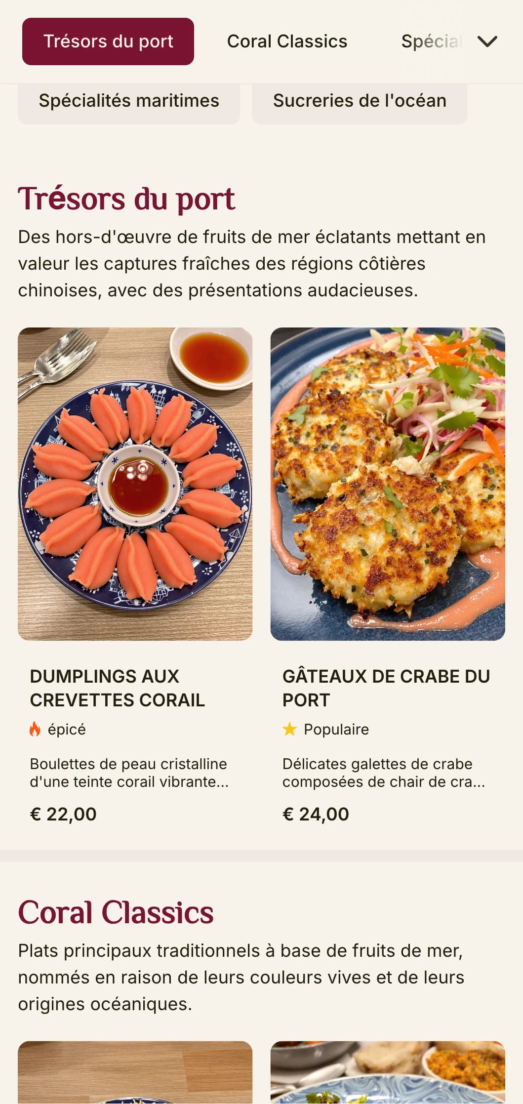 Menu chinois dynamique inspiré de l'esthétique des coraux et des ports, avec des couleurs vives pour les restaurants de fruits de mer.