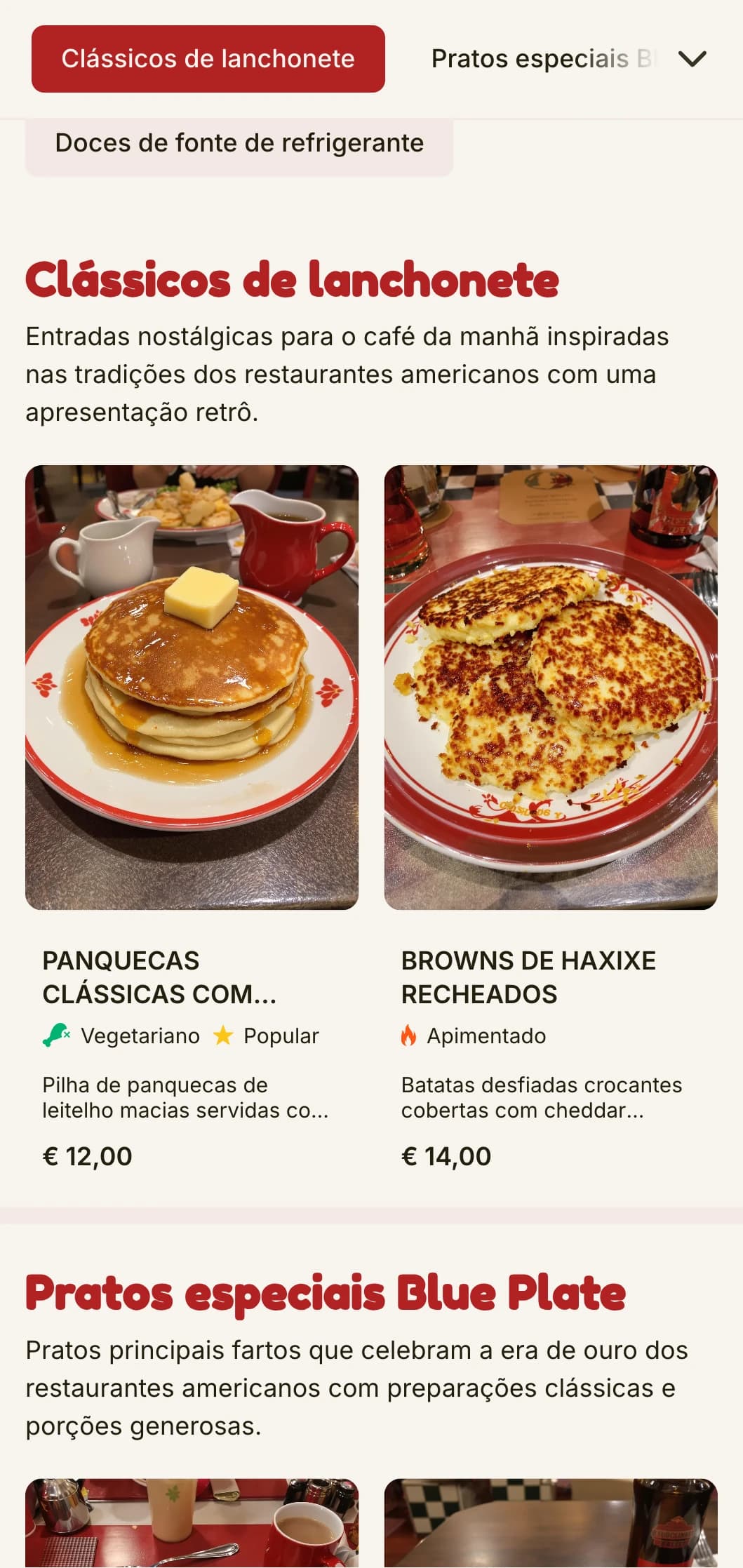 Modelo de brunch de inspiração retrô com estética clássica de lanchonete americana, ideal para estabelecimentos de café da manhã nostálgicos.