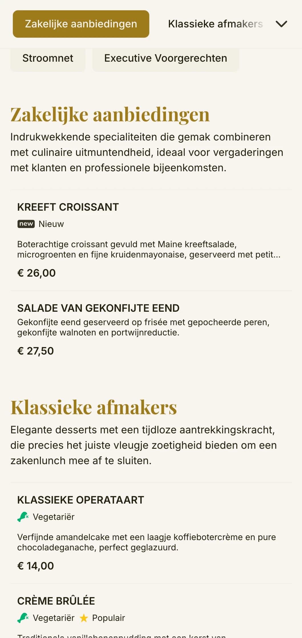 Elegant maar efficiënt lunchmenu-ontwerp voor zakenwijken en bedrijfscatering, met tijdloze typografie en verfijnde lay-out voor snelle professionele lunches.