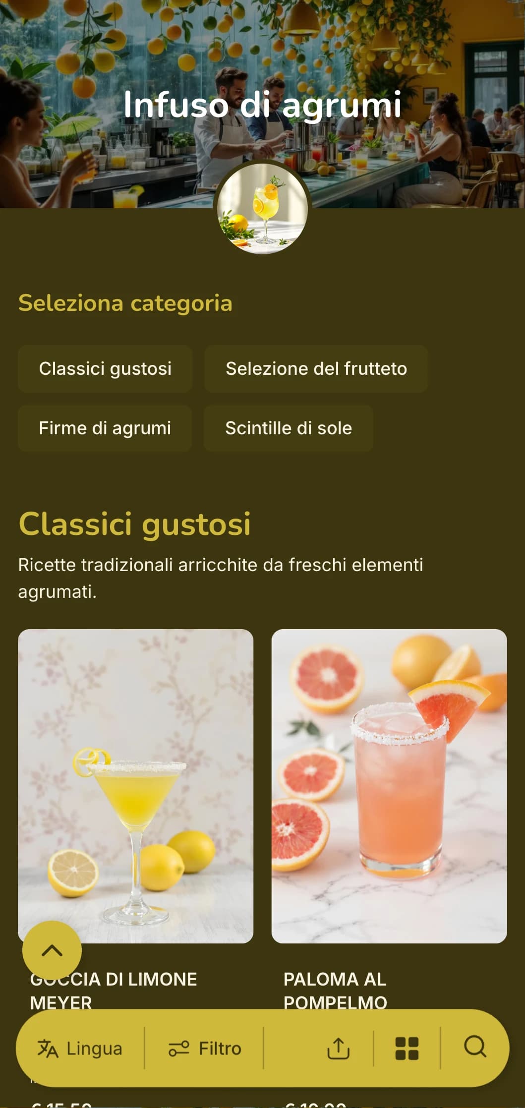 Energico design giallo-verde che celebra i cocktail a base di agrumi per bar luminosi e vivaci.