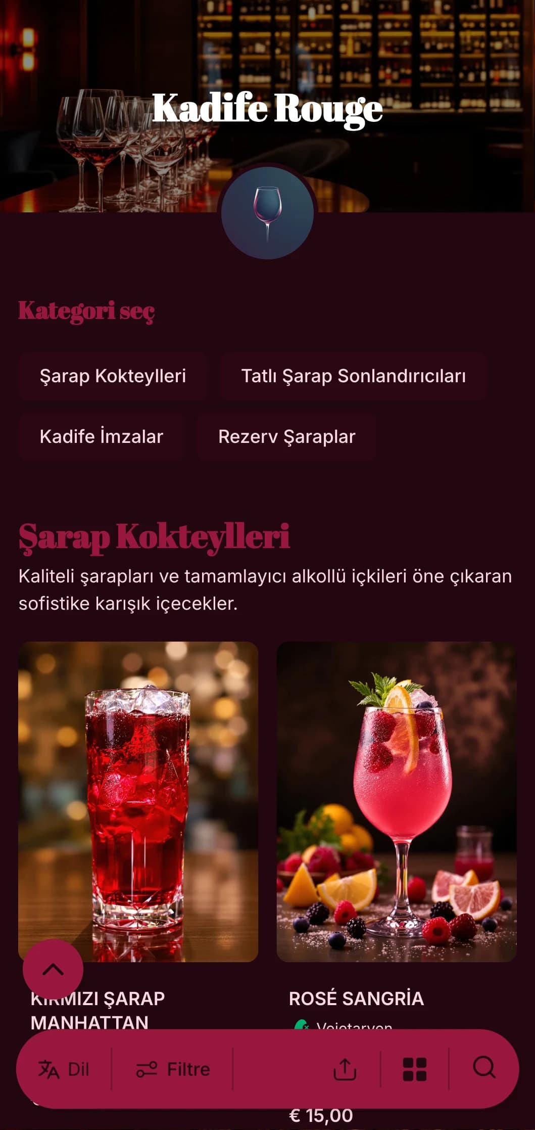 Lüks şarap barları ve salonları için zengin kırmızı tonları ve cesur tipografi içeren lüks, dramatik bir tasarım.