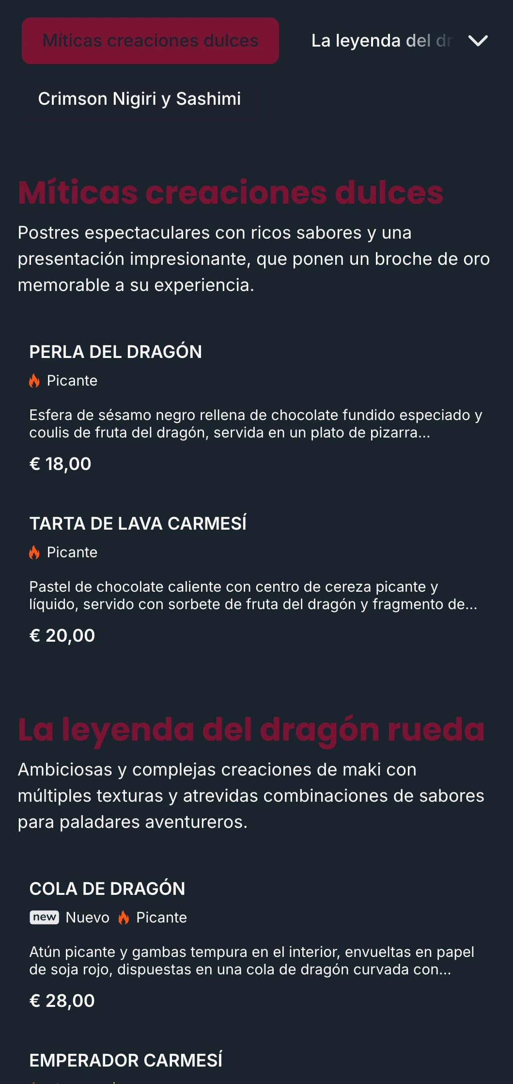 Atrevido y espectacular menú de sushi con ricos tonos rojos inspirados en la mitología tradicional japonesa del dragón.