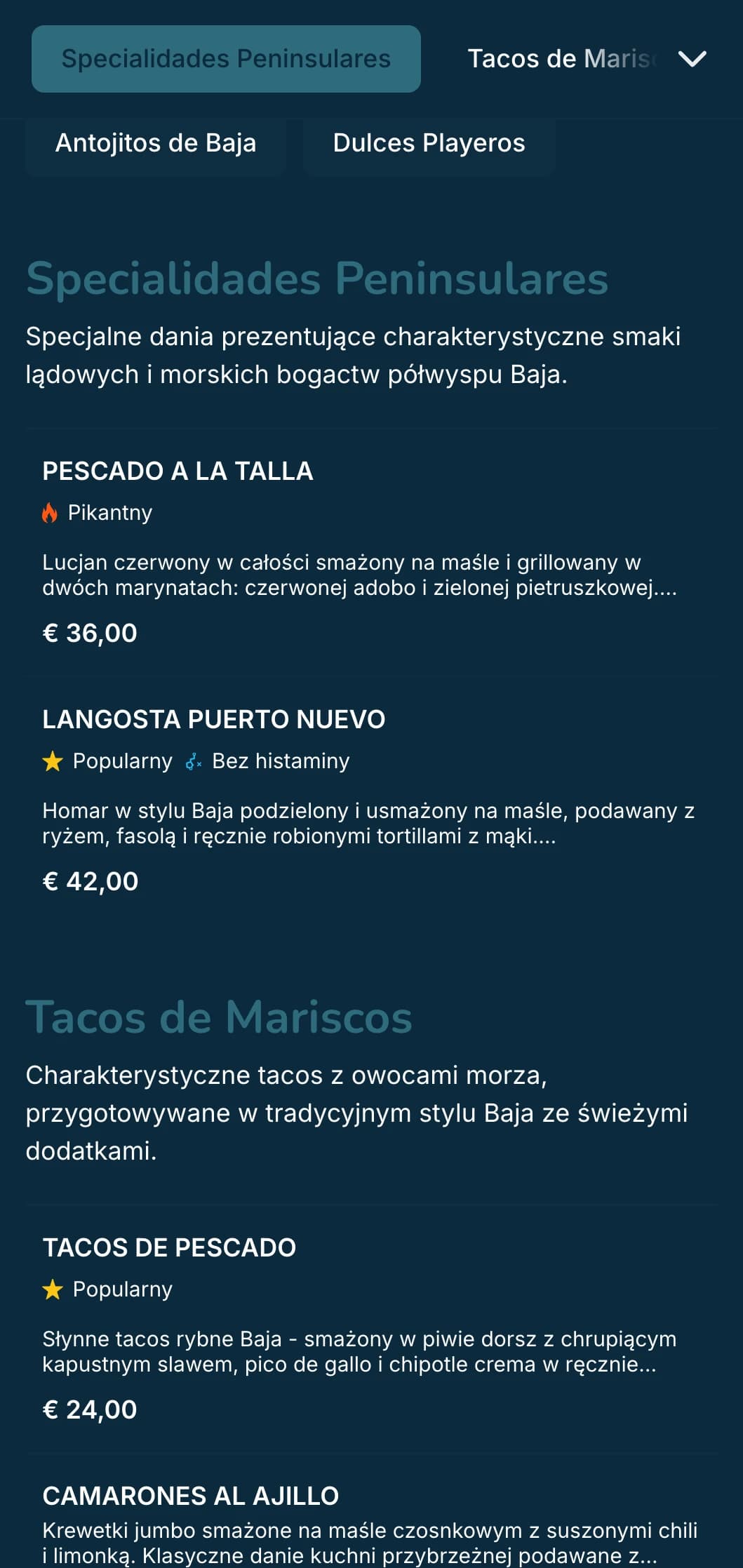 Lekkie i orzeźwiające menu inspirowane Baja z tacos z owocami morza, świeżymi składnikami i nadmorskimi niebieskimi akcentami w nowoczesnym plażowym klimacie.