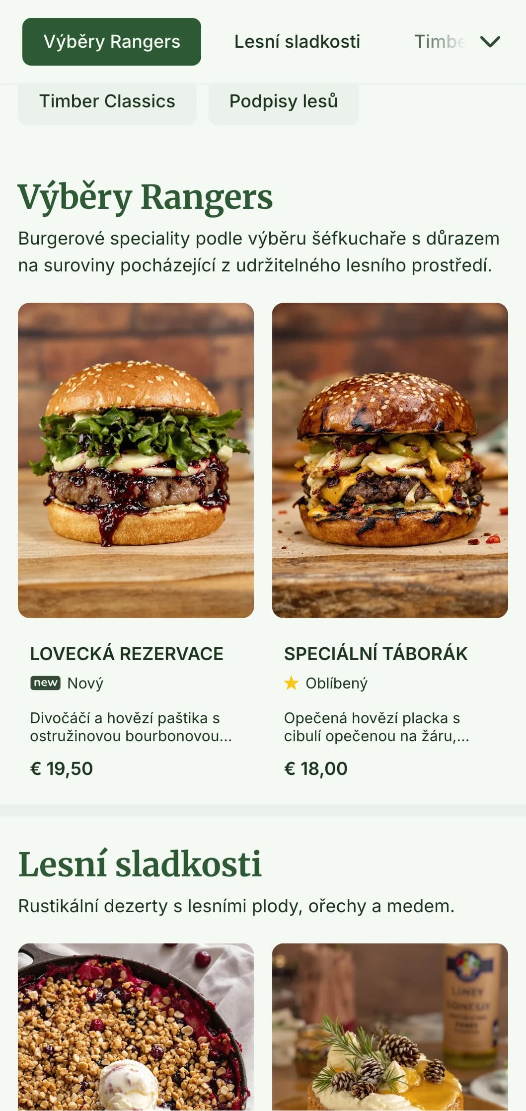 Zážitek z hamburgeru inspirovaného lesem s dřevěnými texturami a zemitou barevnou paletou.