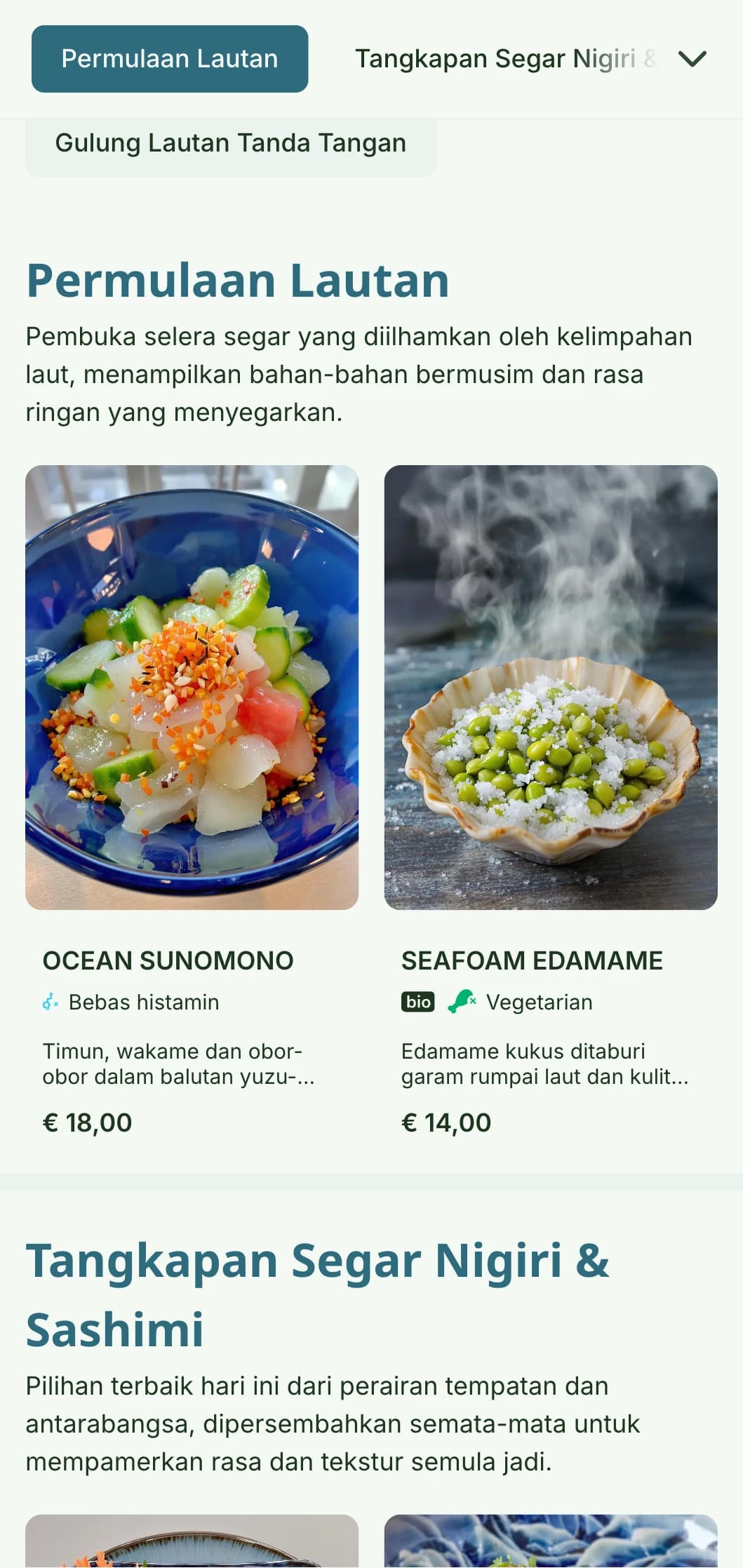 Reka bentuk menu sushi segar dan bersemangat yang diilhamkan oleh warna laut, menampilkan palet biru yang menenangkan sesuai untuk pertubuhan tertumpu makanan laut.