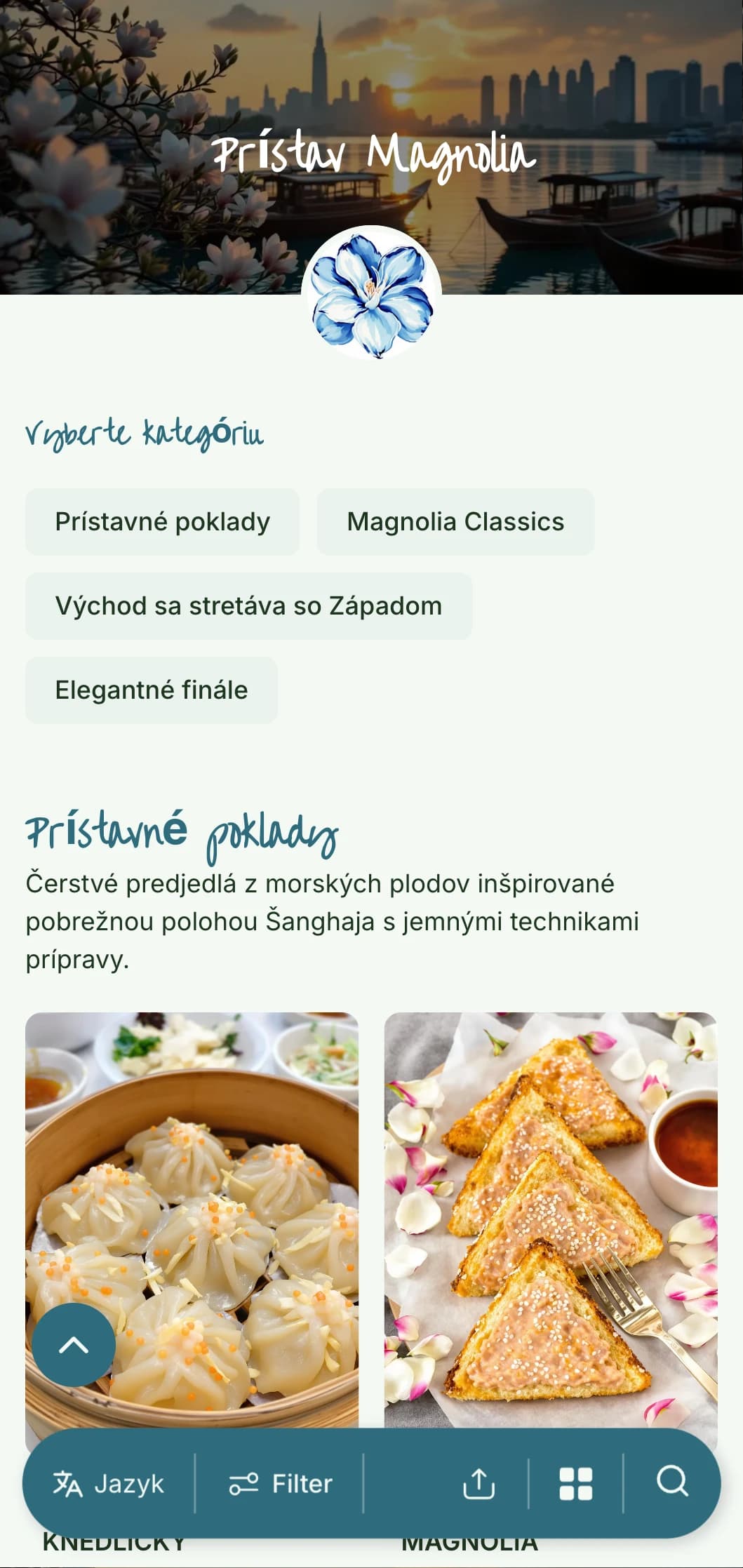 Elegantný dizajn čínskeho menu inšpirovaný šanghajskou kuchyňou a prístavnou estetikou s kvetinovými akcentmi pre rafinované stolovanie.