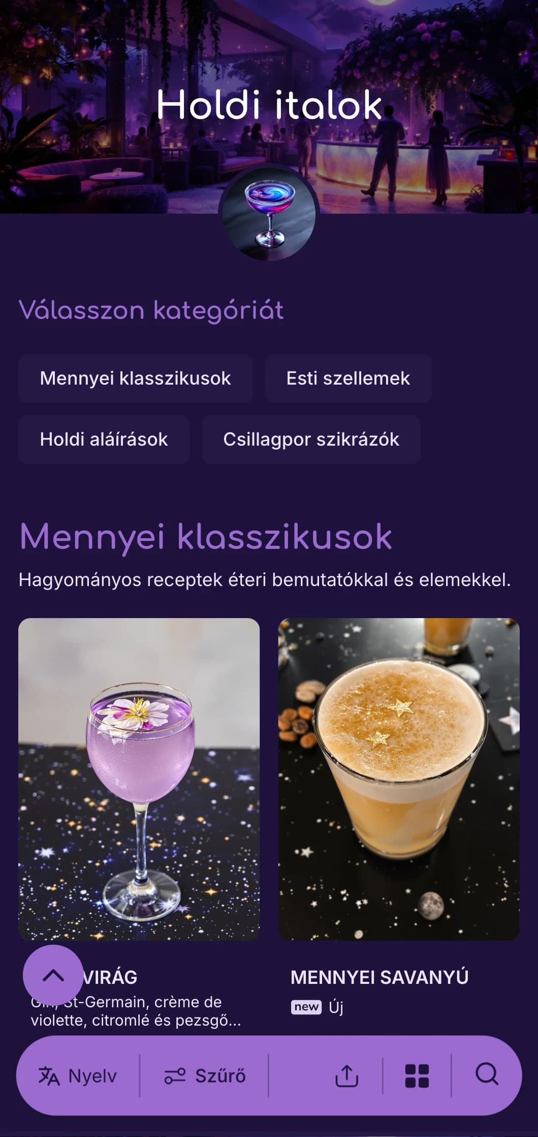 Álomszép lila design holdfázisokkal éjszakai témájú koktélbárokhoz.