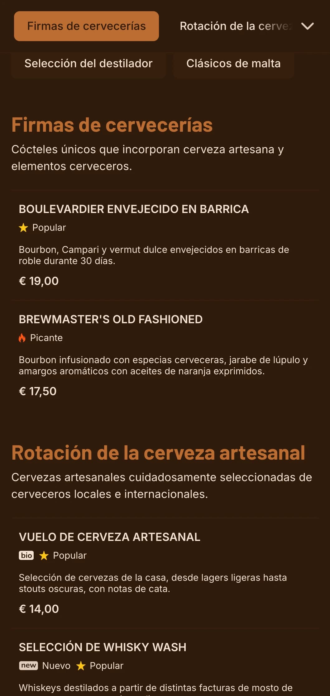 Diseño naranja cálido con elementos cerveceros para locales de cerveza artesanal y cócteles.