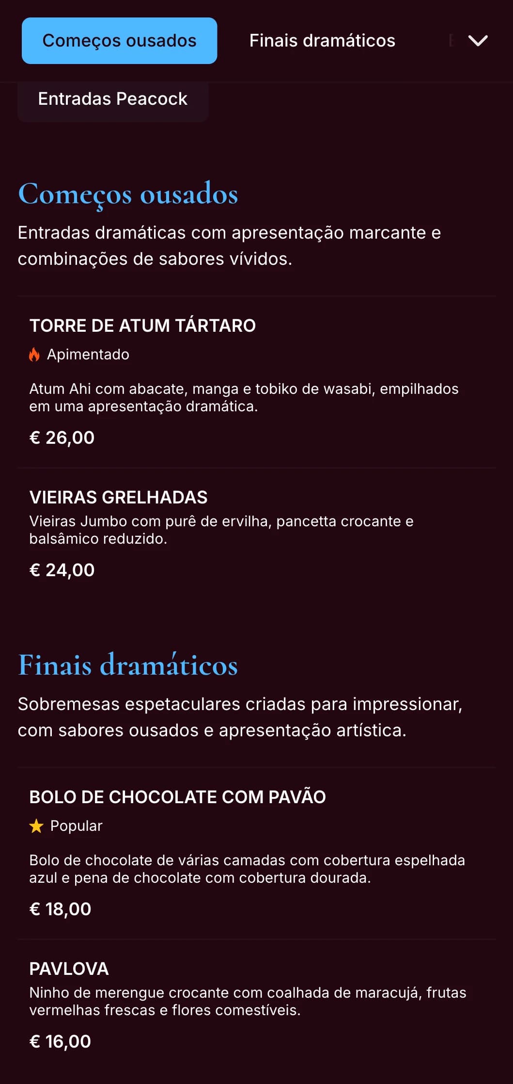 Um impressionante cardápio de jantar em azul-pavão com ricos tons de joias e estilo dramático, projetado para restaurantes com personalidade arrojada.