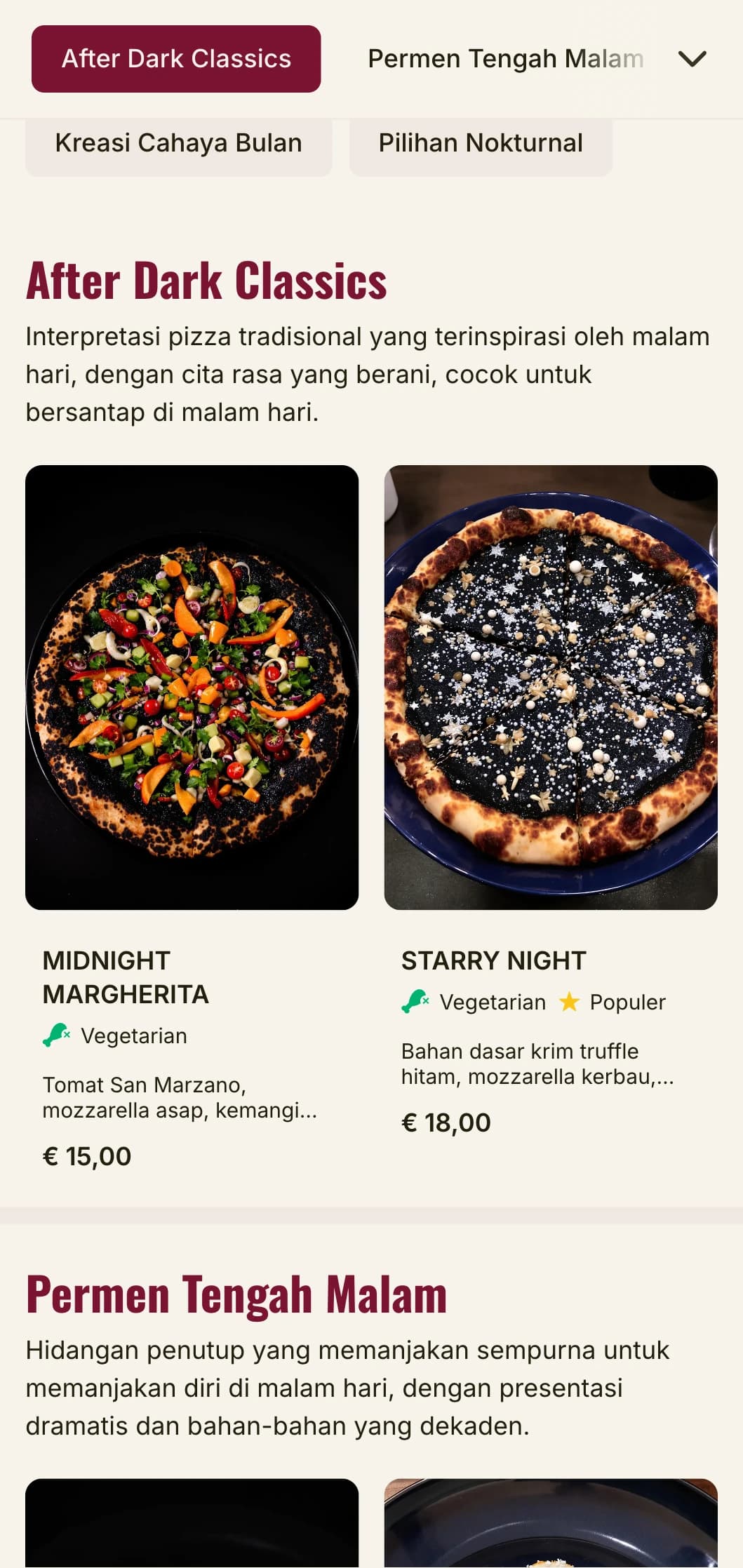 Menu restoran pizza larut malam dengan estetika gelap dan murung untuk pengalaman bersantap malam.