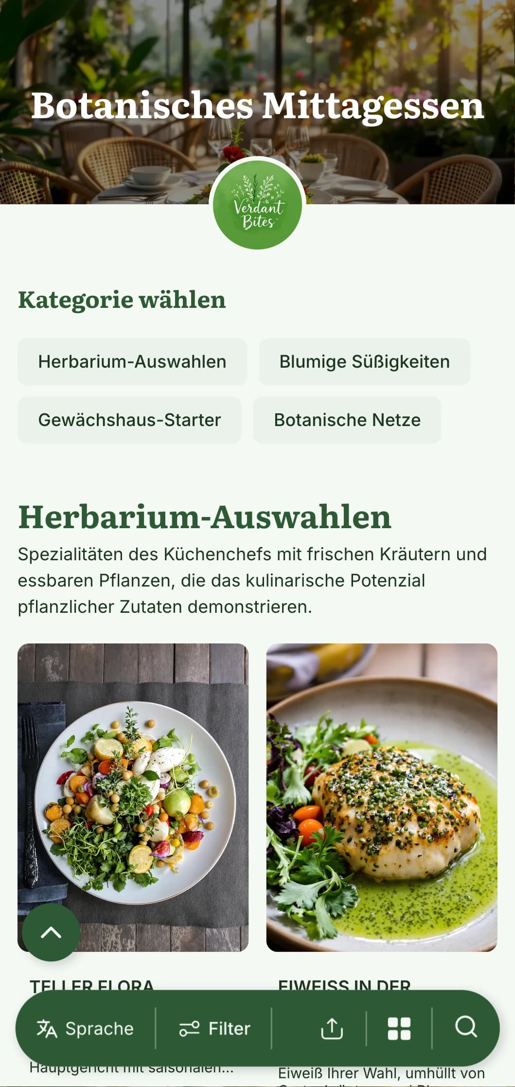 Üppiges, von Pflanzen inspiriertes Design für die Mittagskarte mit botanischen Illustrationen und natürlichen Texturen, perfekt für Gewächshauscafés und Restaurants in Gartennähe.