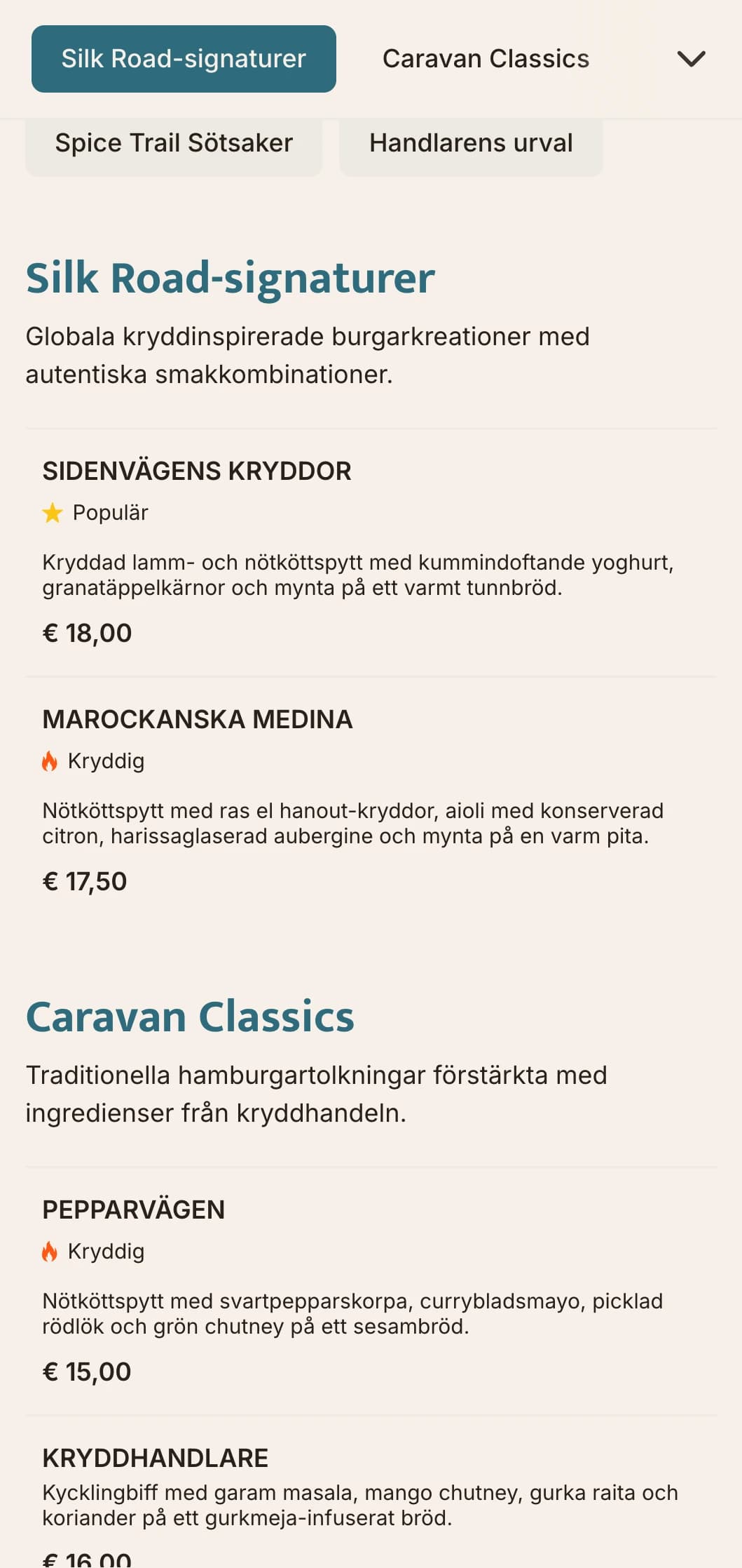 Kryddhandelsinspirerad hamburgermeny med globala smakprofiler och historiska referenser.