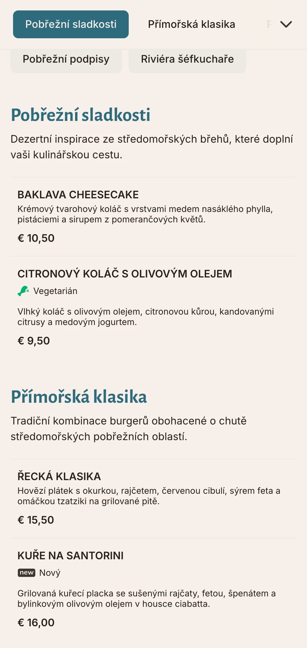 Burgerové menu inspirované pobřežím s modrými středomořskými akcenty a zaměřením na čerstvé suroviny.