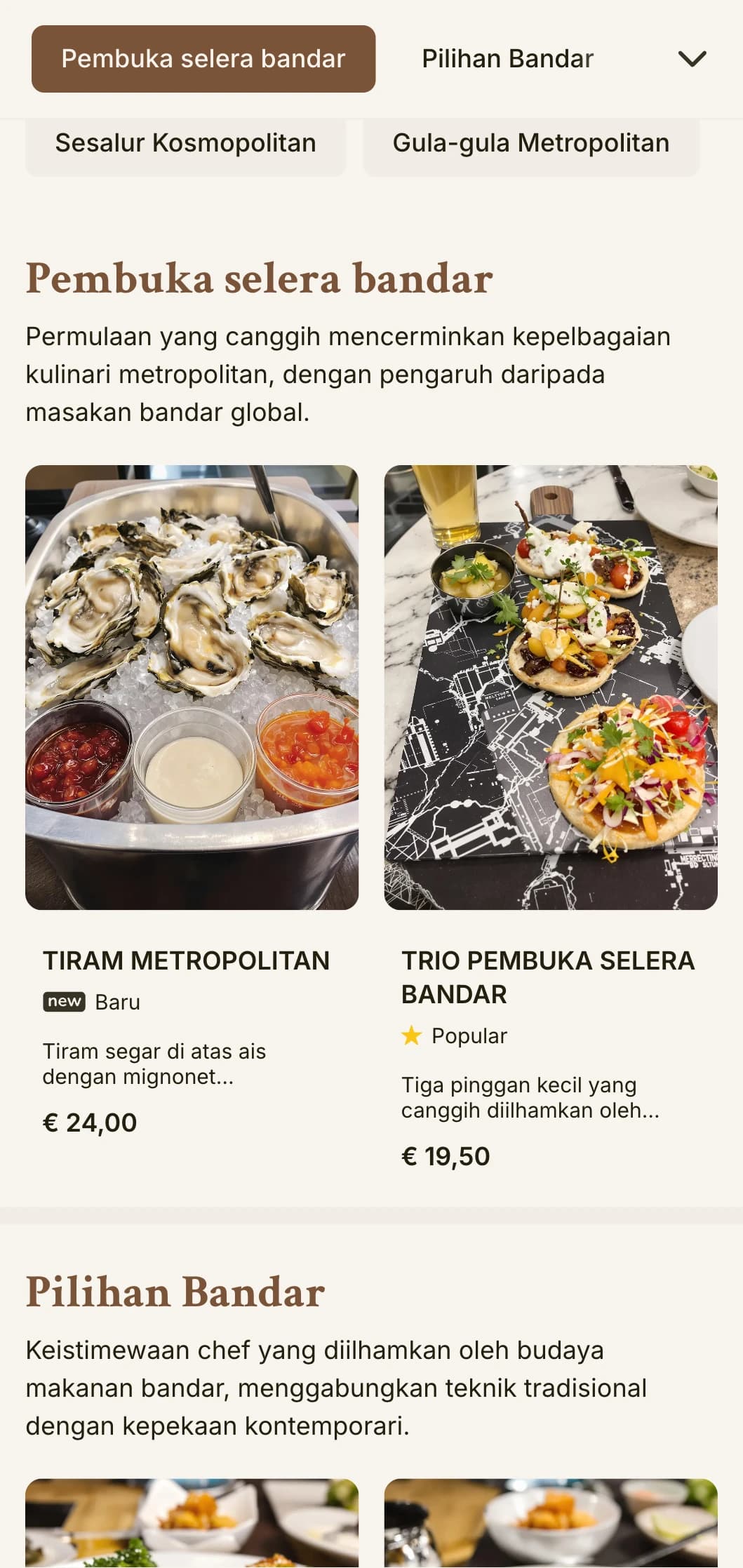 Reka bentuk menu makan tengah hari kosmopolitan yang diilhamkan oleh bandar dengan keanggunan bandar dan butiran halus, sesuai untuk restoran di pusat bandar dan pertubuhan bandar yang canggih.