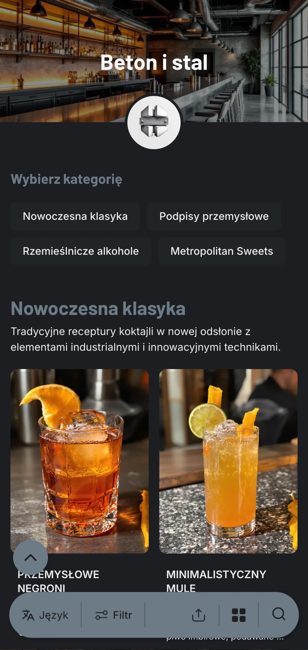 Industrialny, miejski projekt dla współczesnych barów z betonowymi teksturami i stalowymi elementami z czystą typografią.