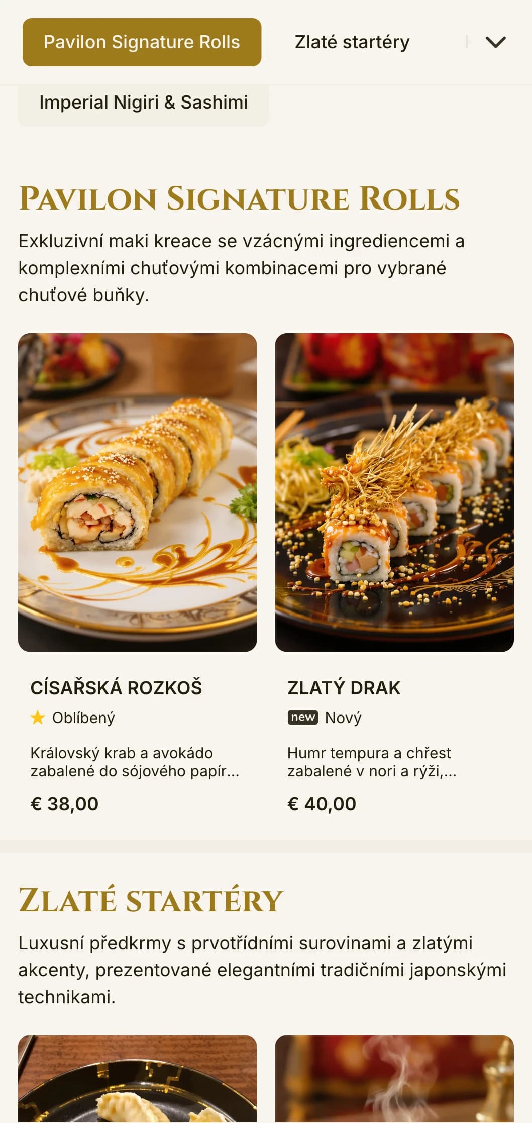 Luxusní sushi menu se zlatým akcentem inspirované slavným chrámem v Kjótu, s elegantní typografií a tradičními prvky.