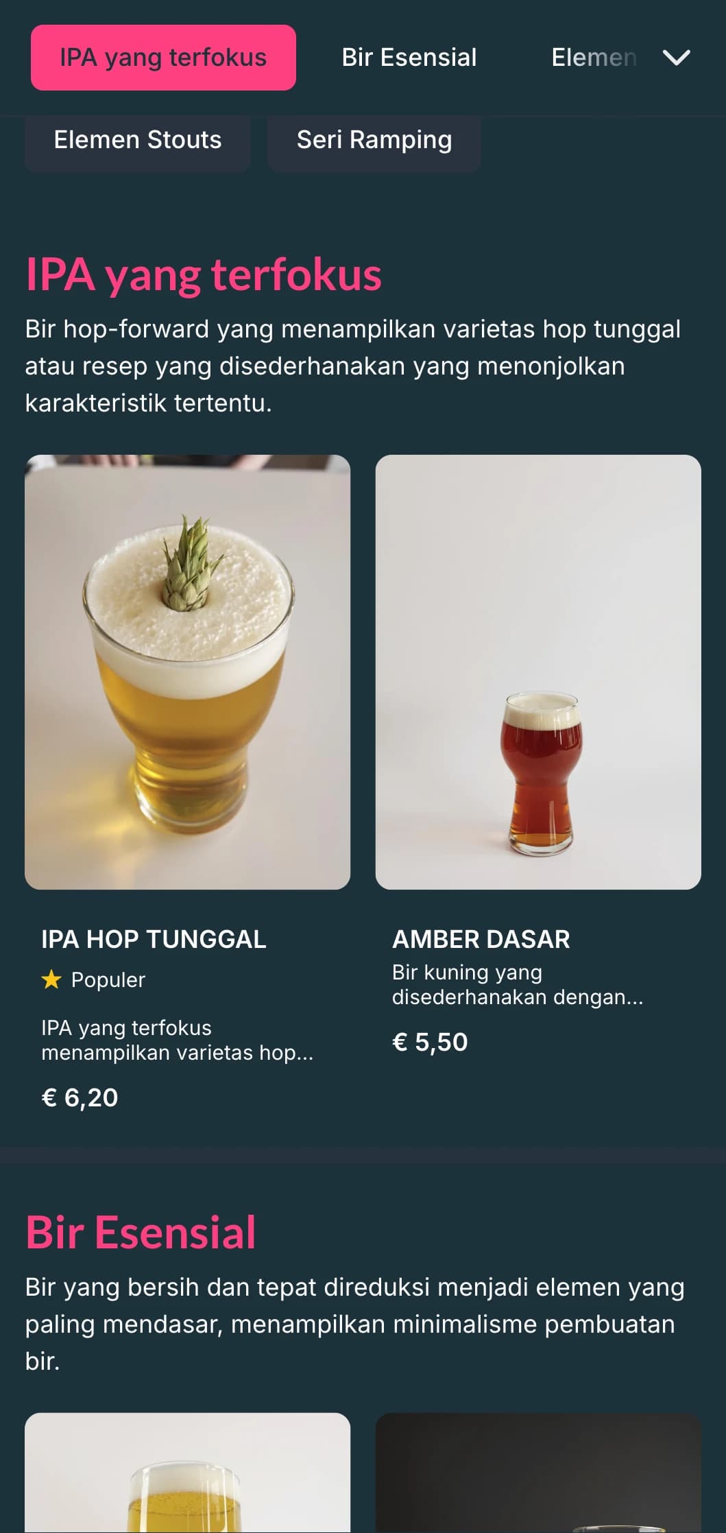 Desain yang bersih dan rapi dengan ruang putih yang luas dan tipografi yang penting, ideal untuk pabrik bir modern yang berfokus pada kesederhanaan.
