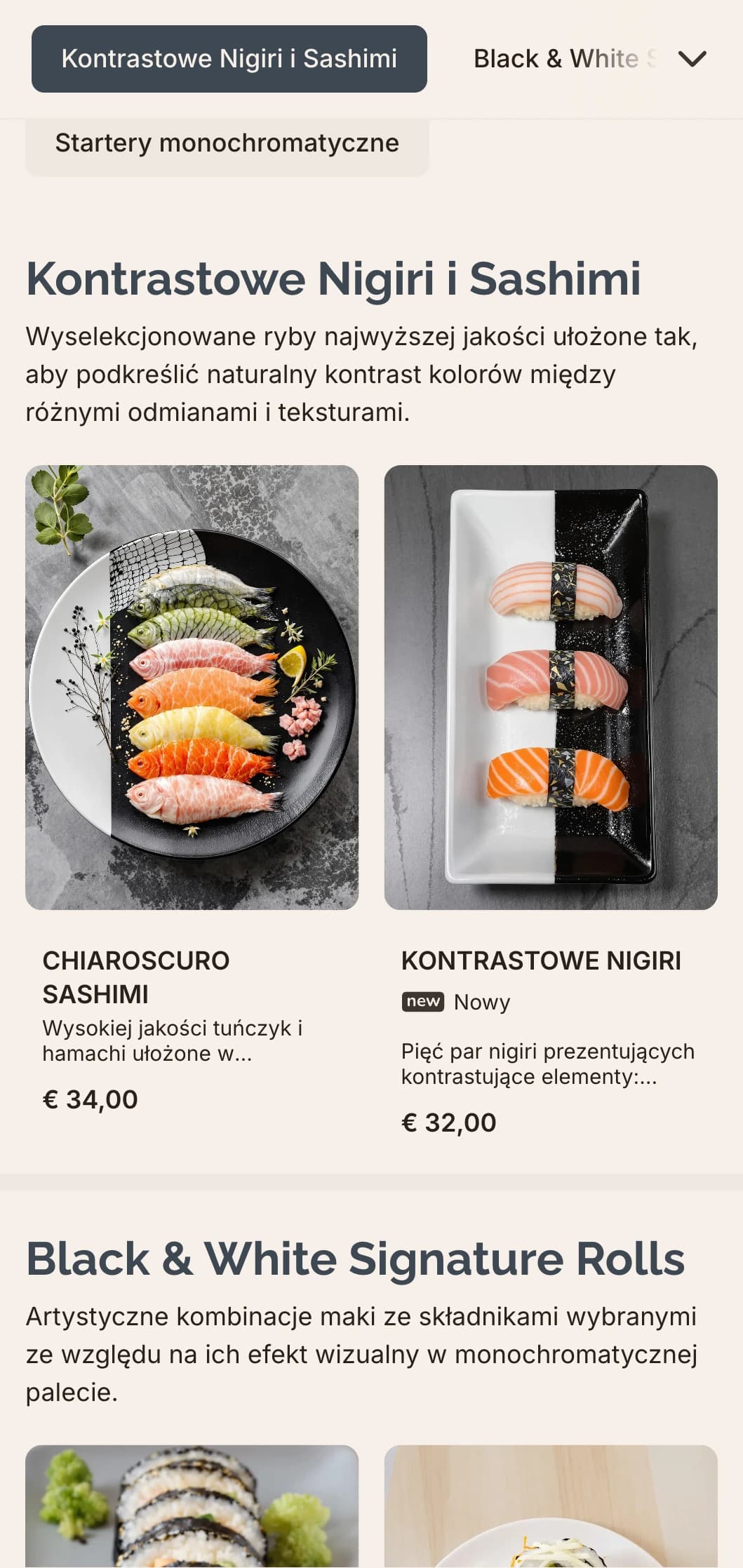 Wyrafinowane czarno-białe menu sushi z subtelnymi szarymi akcentami, idealne do współczesnych minimalistycznych restauracji.