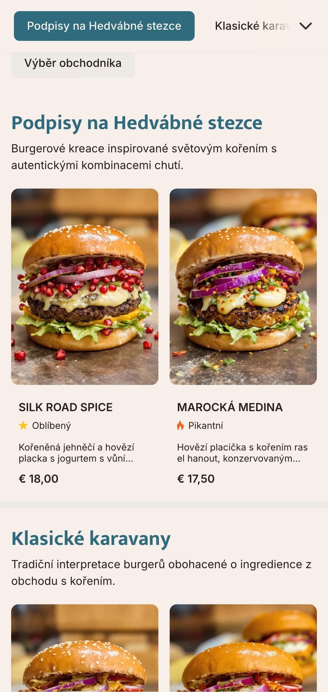 Nabídka burgerů inspirovaná obchodem s kořením, která obsahuje světové chuťové profily a historické odkazy.