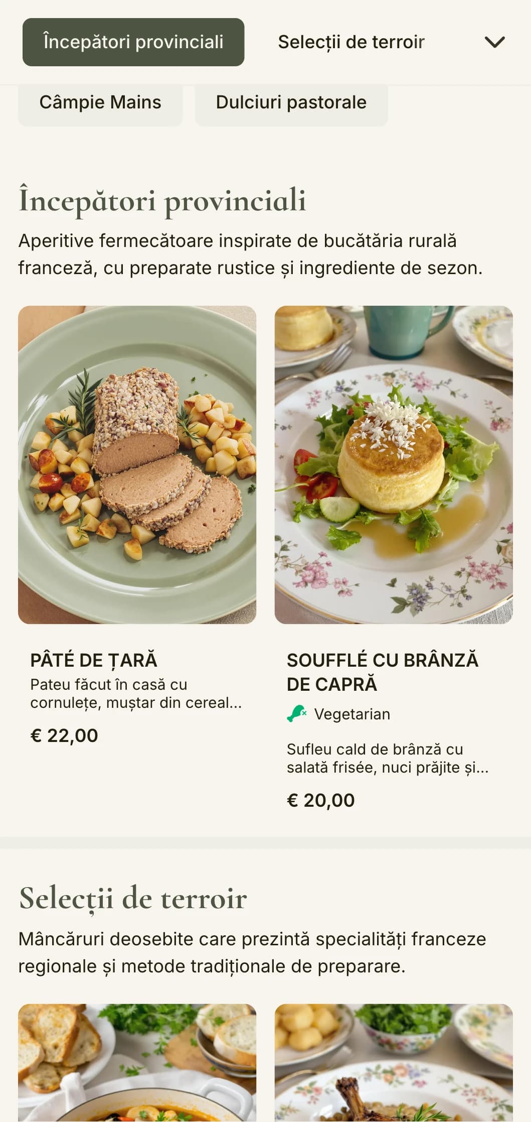 Un meniu de cină fermecător inspirat de estetica rurală franceză, cu tonuri de verde salvie și eleganță rustică.