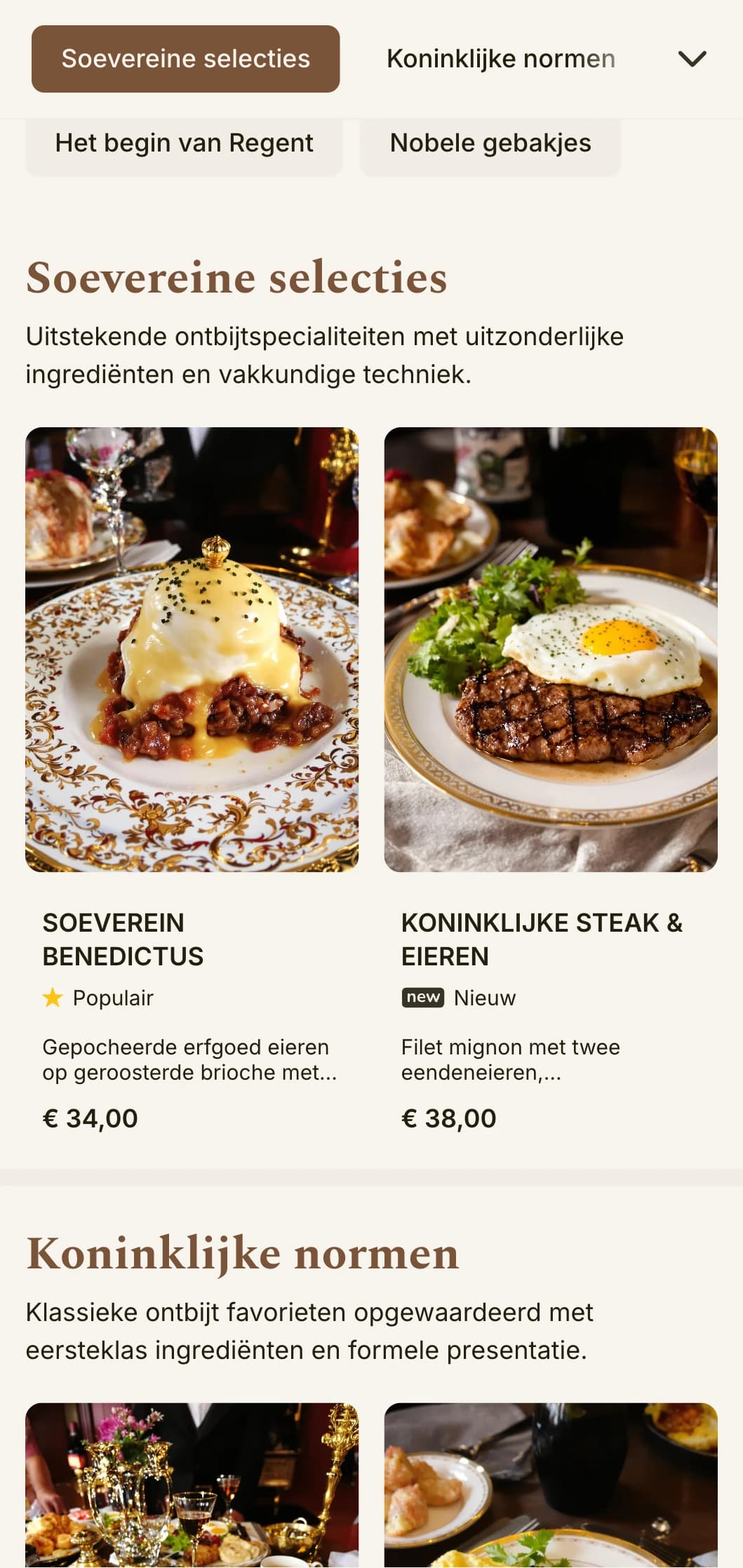 Verfijnde ochtendgerechten geïnspireerd op het dineren in luxe hotels, gepresenteerd met elegante formaliteit en eersteklas ingrediënten.