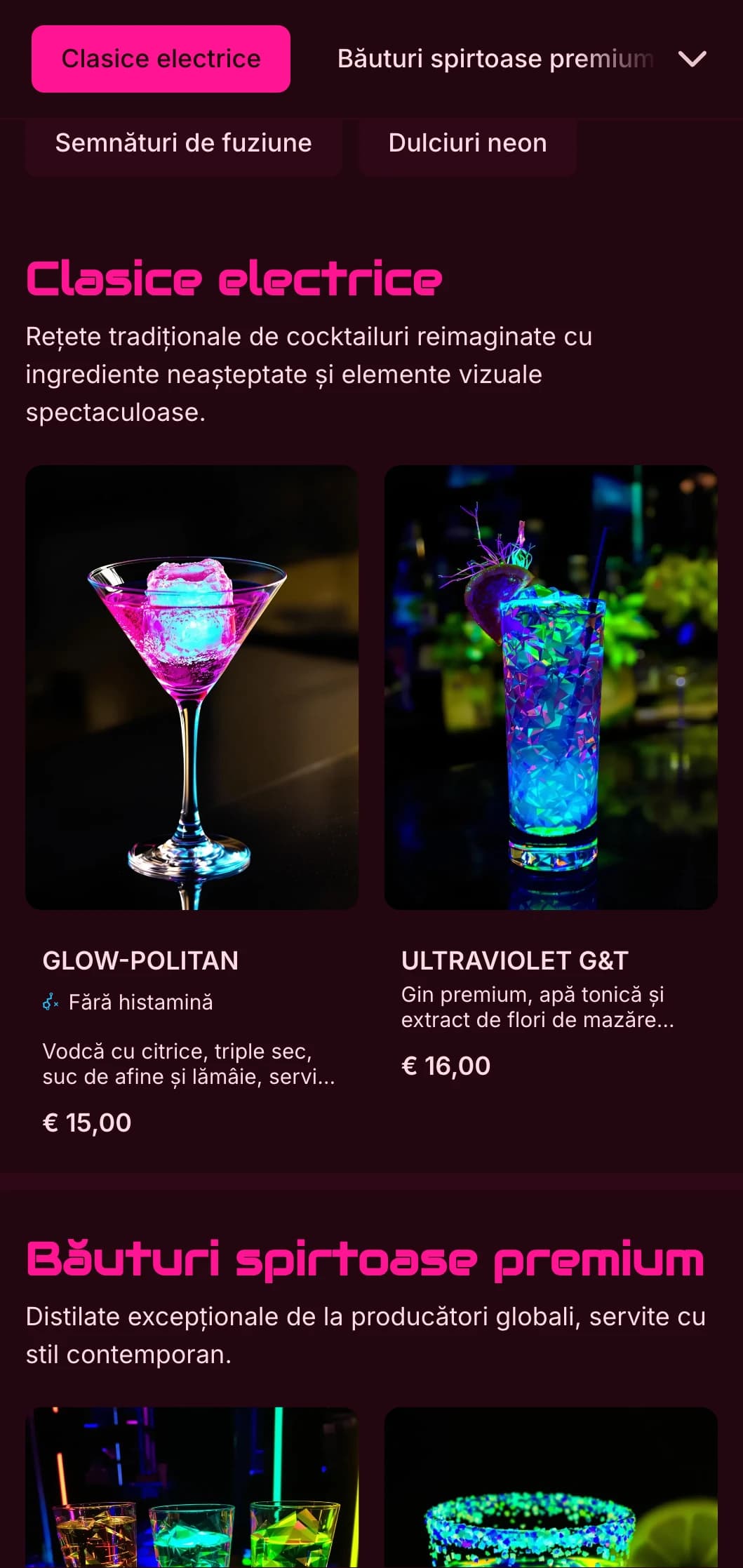 Un design îndrăzneț și vibrant pentru cocktail baruri și cluburi de noapte contemporane, cu culori neon și tipografie dinamică.