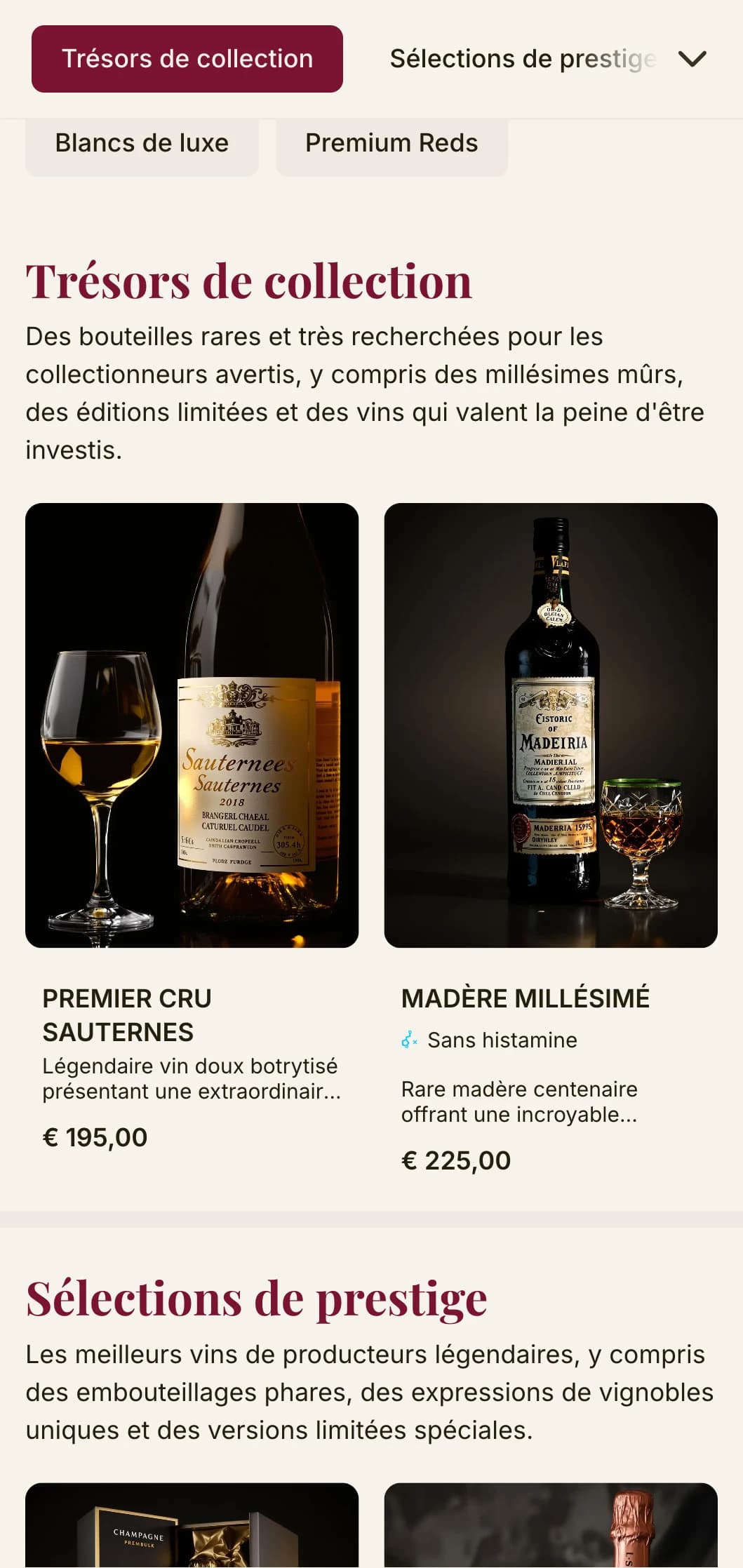 Modèle de carte des vins spectaculairement luxueux avec des accents rouges profonds et une typographie sophistiquée, idéal pour les caves à vin de première qualité et les établissements haut de gamme.
