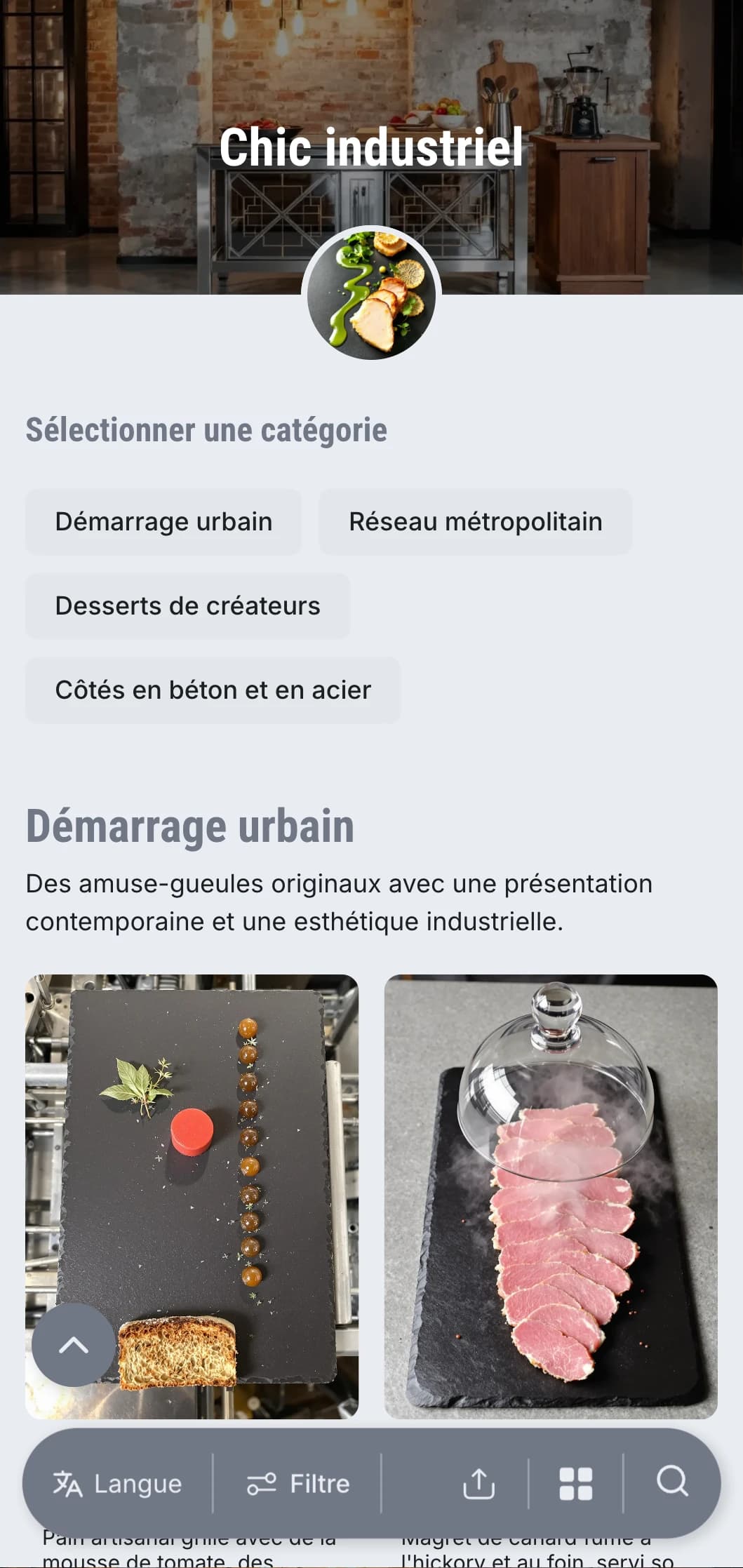 Présentation de restauration brute et énergique avec une esthétique urbaine moderne, des éléments métalliques et des textures en béton pour des événements dans des entrepôts et des ouvertures de galeries.