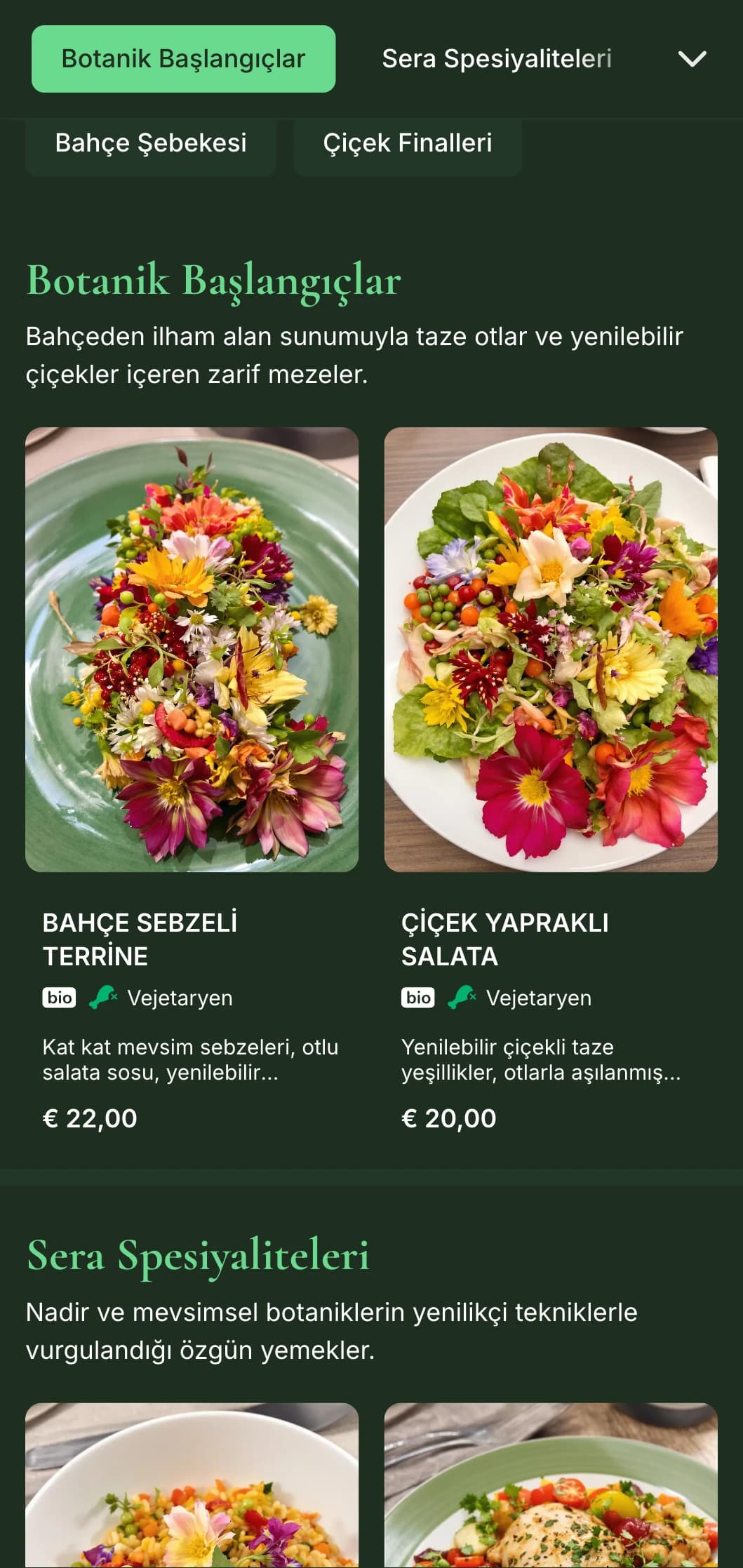 Yemyeşil botanik öğeler ve koyu yeşil tonlar içeren zarif bir akşam yemeği menüsü, bahçeden ilham alan kaliteli bir yemek için tasarlanmıştır.