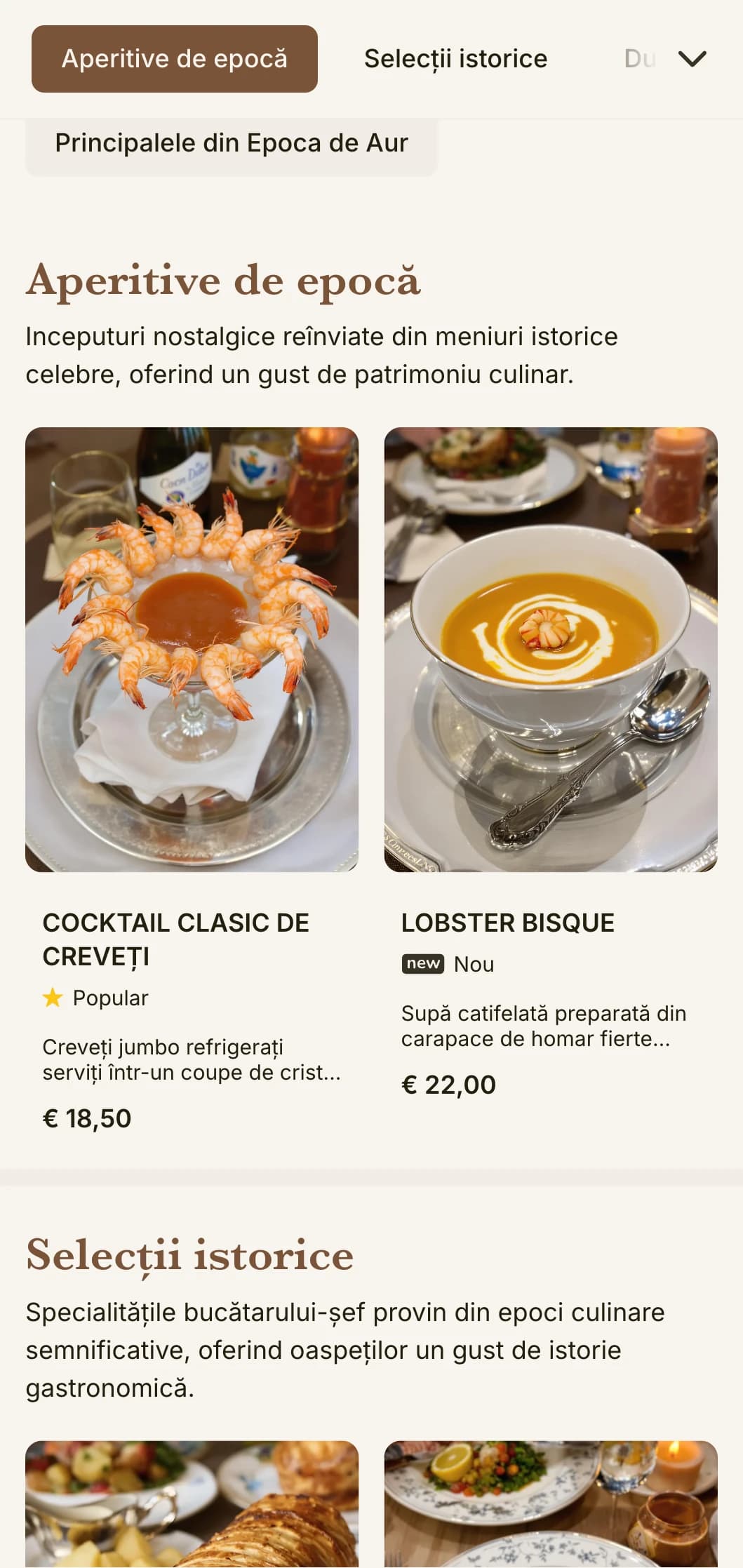 Design de meniu de prânz nostalgic, inspirat din epoca de aur, cu referințe istorice și detalii rafinate, potrivit pentru restaurante istorice cu tradiții bogate.