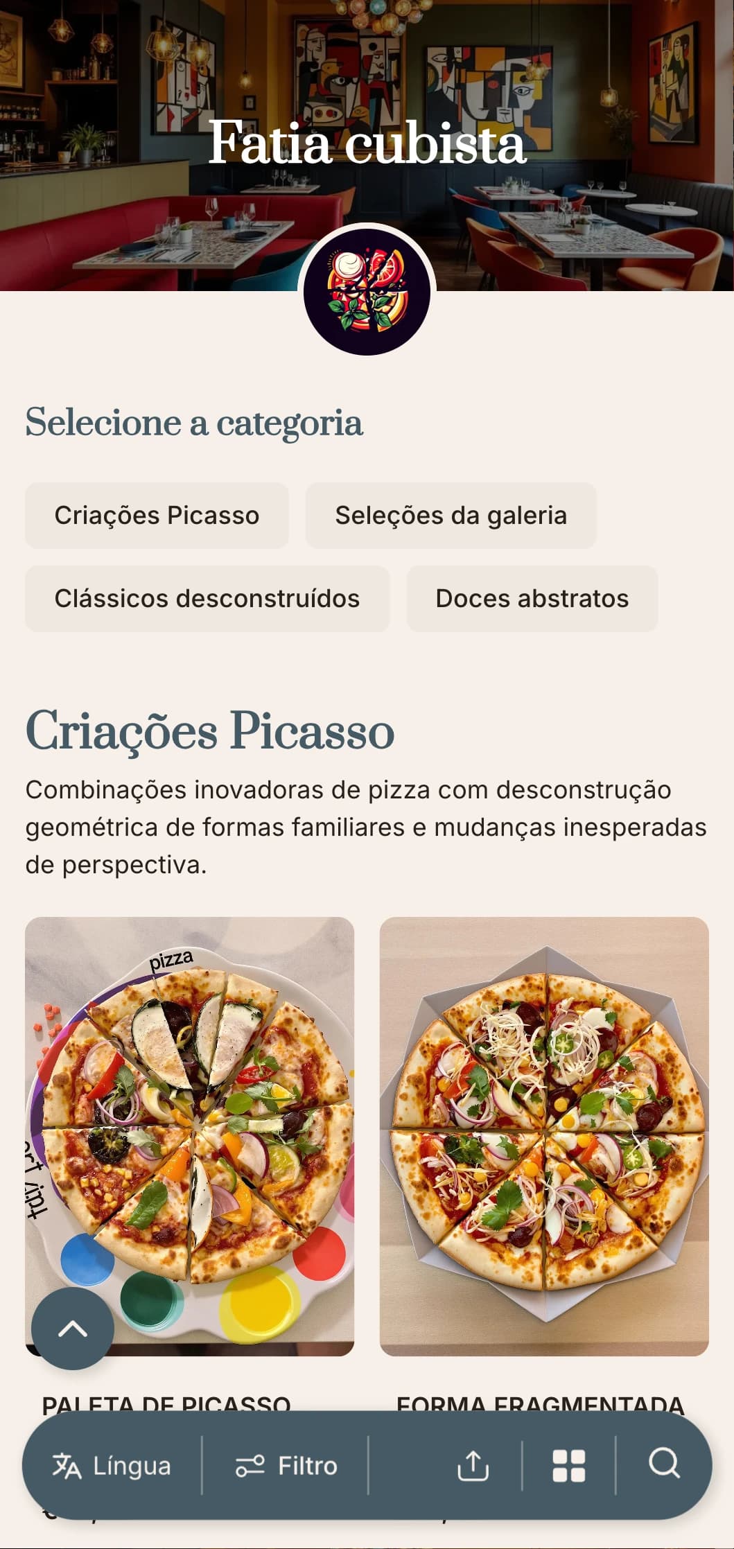 Cardápio de pizza inspirado em Picasso com elementos geométricos abstratos e layout artístico.