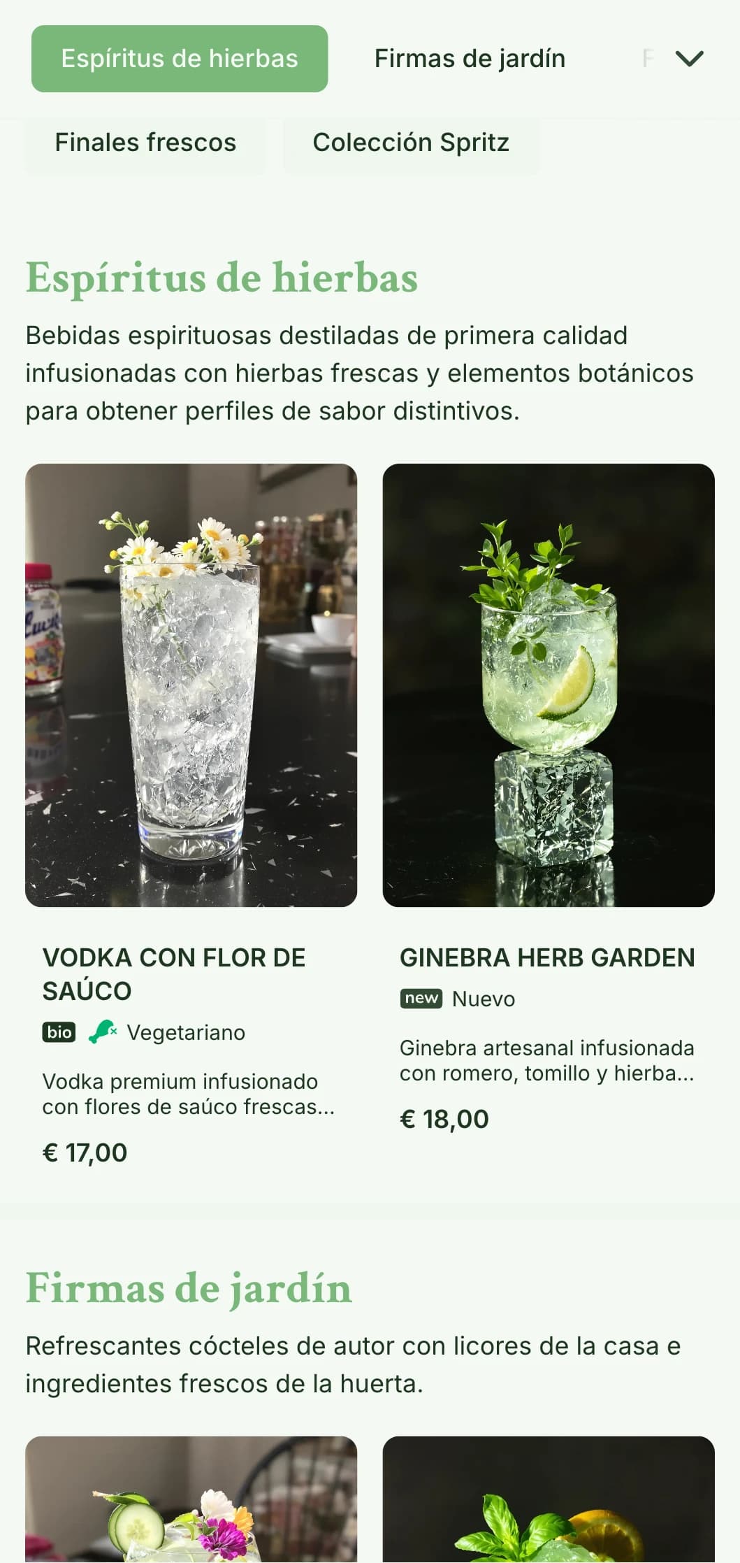 Un diseño fresco, inspirado en los jardines, para bares especializados en spritzers y cócteles botánicos frescos, con una tipografía ligera y aireada.