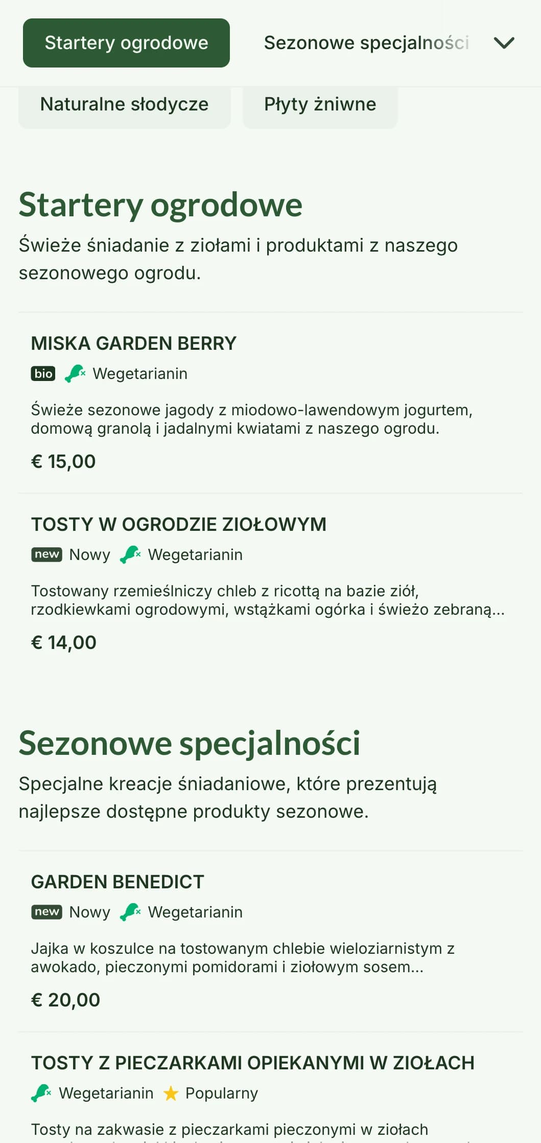 Inspirowane naturą dania śniadaniowe z sezonowych produktów i ekologicznych składników w orzeźwiającej odsłonie.