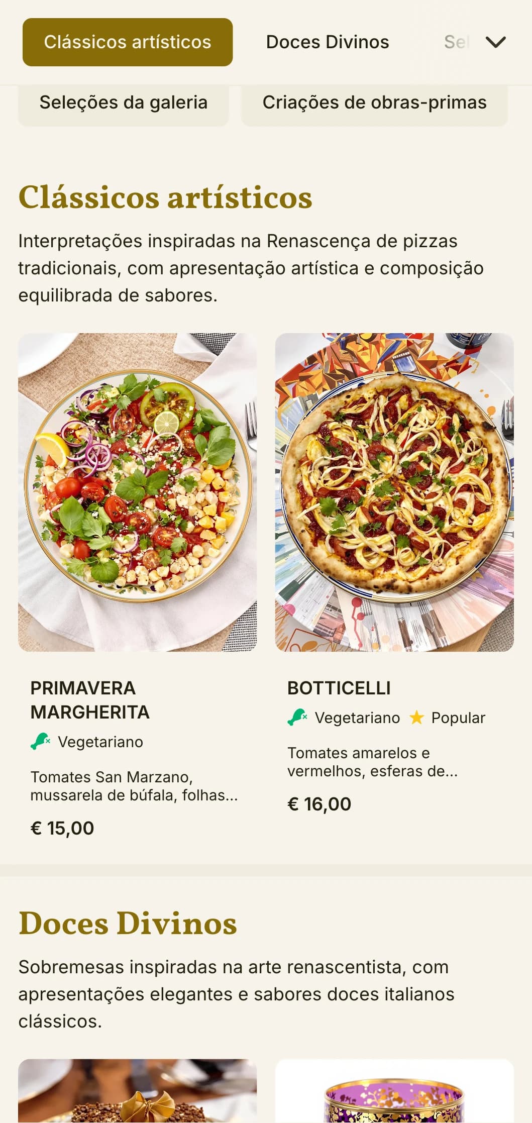 Cardápio de pizza artístico inspirado no Renascimento italiano com ricos elementos visuais.