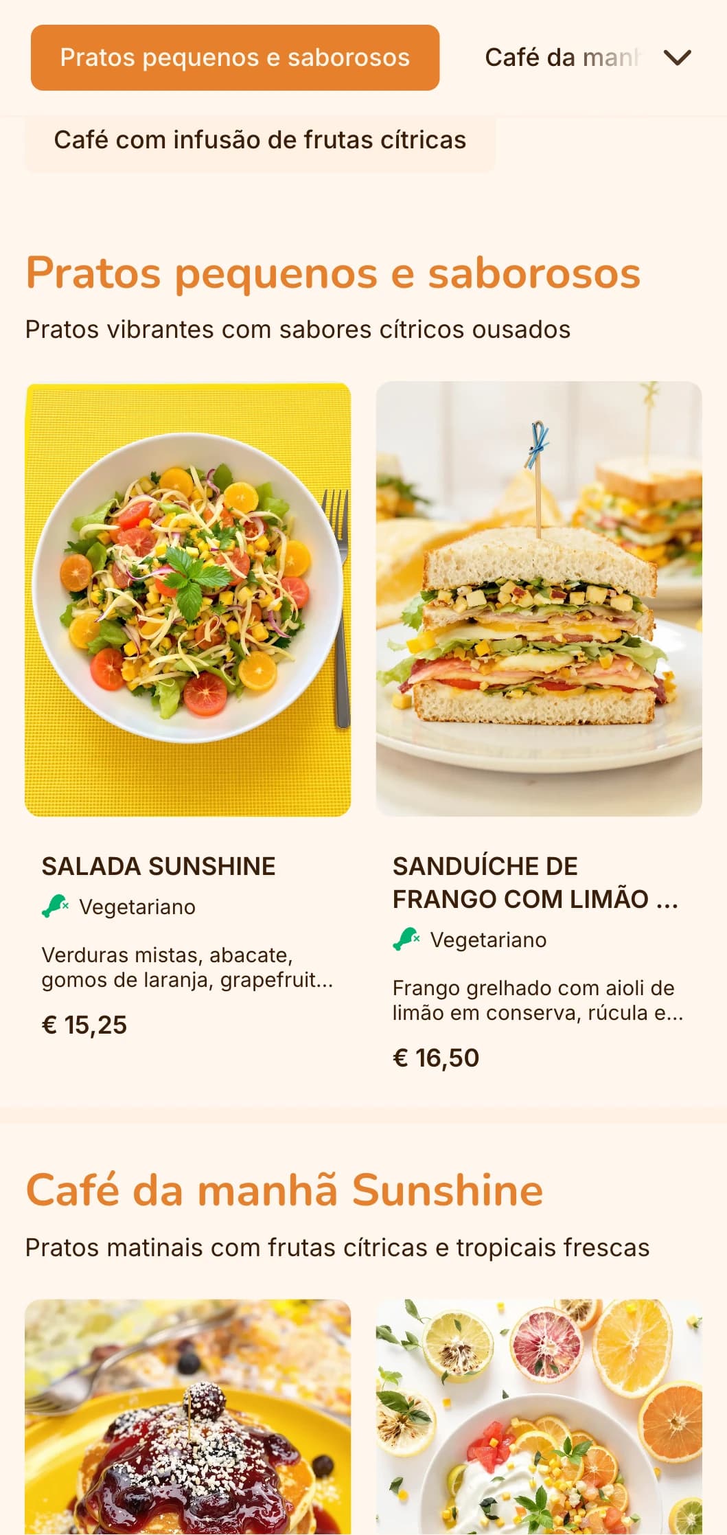Design laranja brilhante com elementos cítricos para cafés e bares de sucos com foco em frutas.