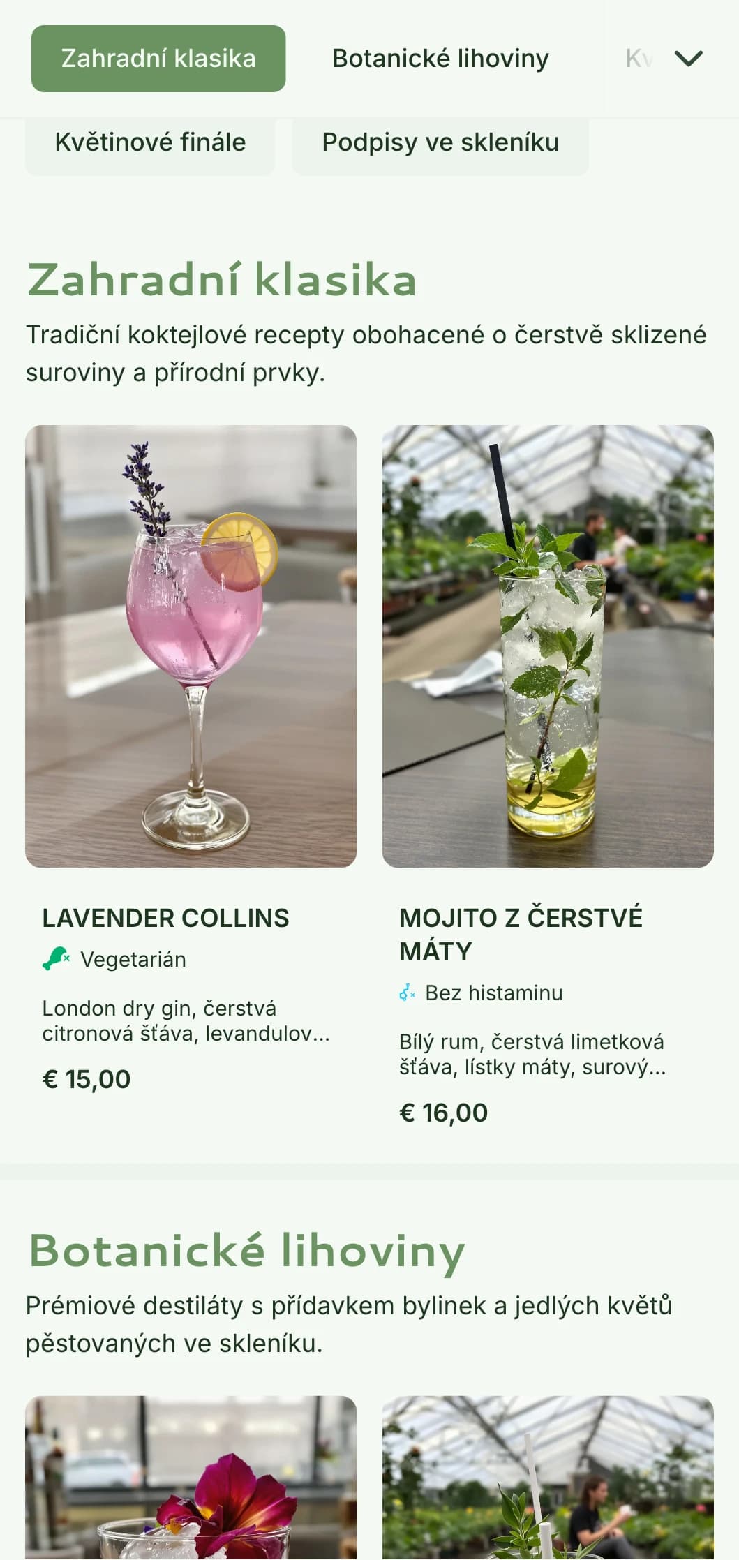 Svěží, konzervatoří inspirovaný design pro zahradní bary a botanické salonky se zelenými tóny a vzdušnou typografií.