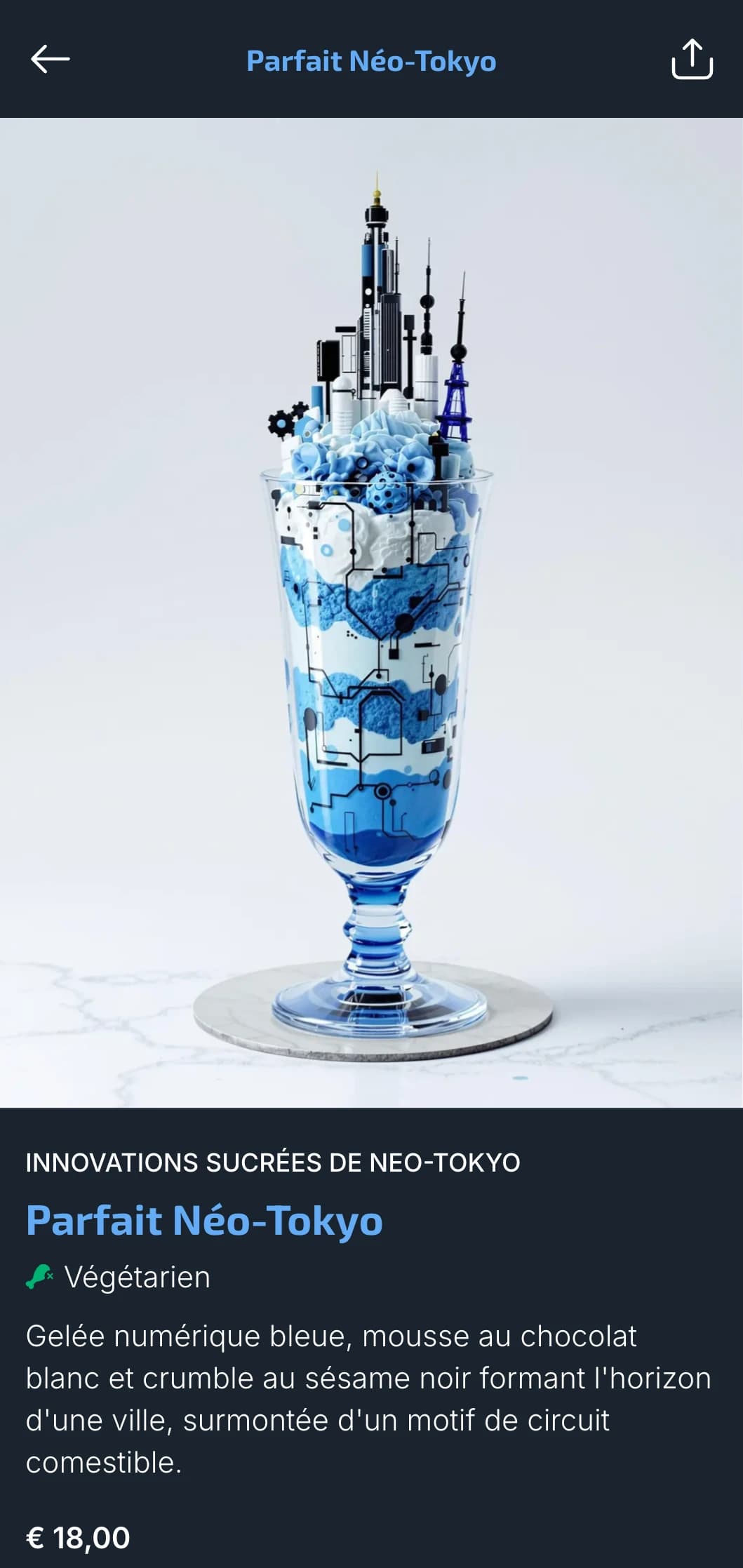 Menu de sushi d'inspiration tokyoïte futuriste avec des éléments numériques bleus pour les restaurants urbains contemporains.
