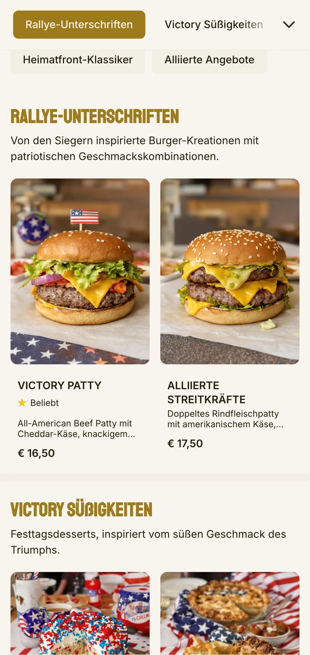 Von der Zeit des Zweiten Weltkriegs inspirierte Burger-Kantine mit Siegesgarten und patriotischen Elementen.