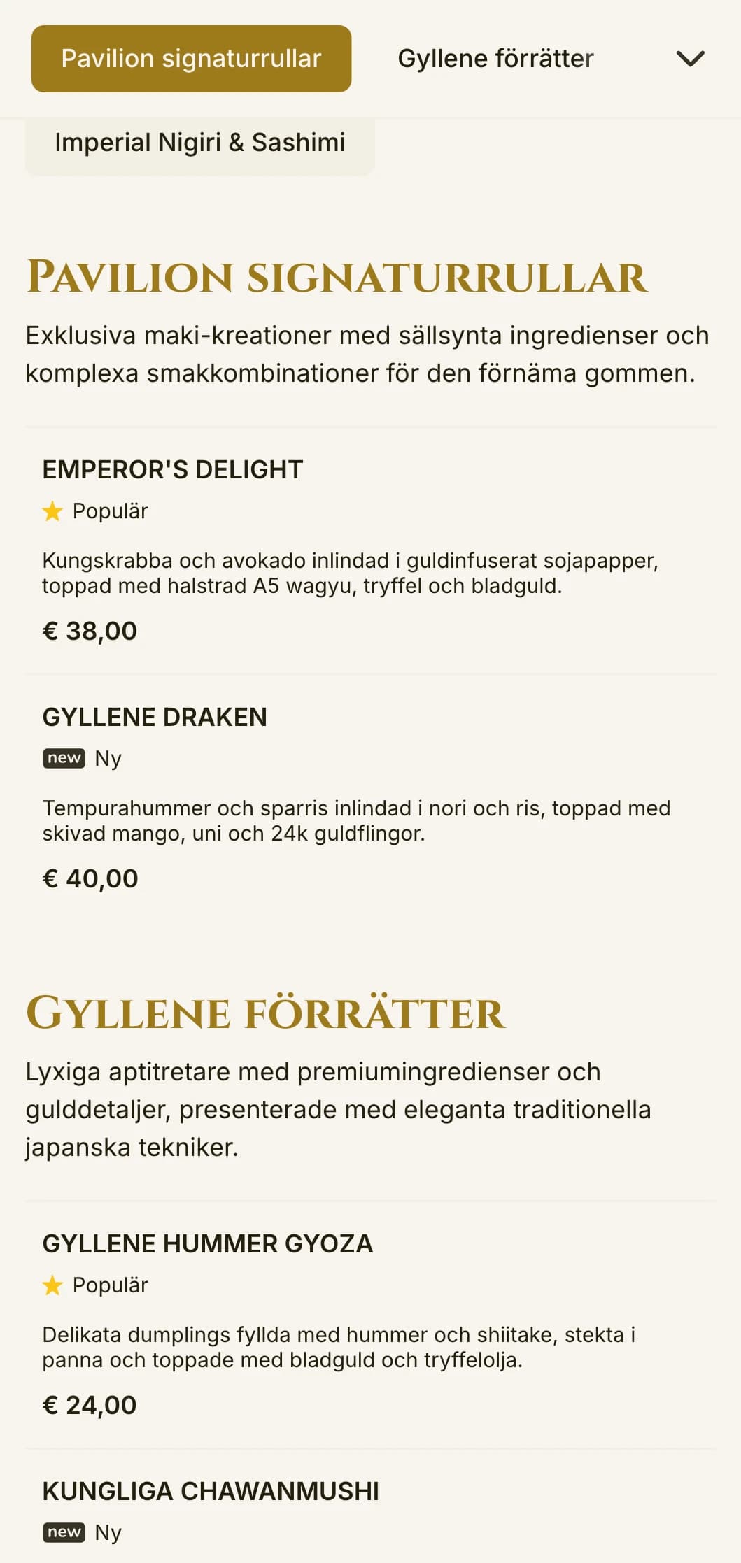 Lyxig guldaccentuerad sushimeny inspirerad av Kyotos berömda tempel, med elegant typografi och traditionella element.