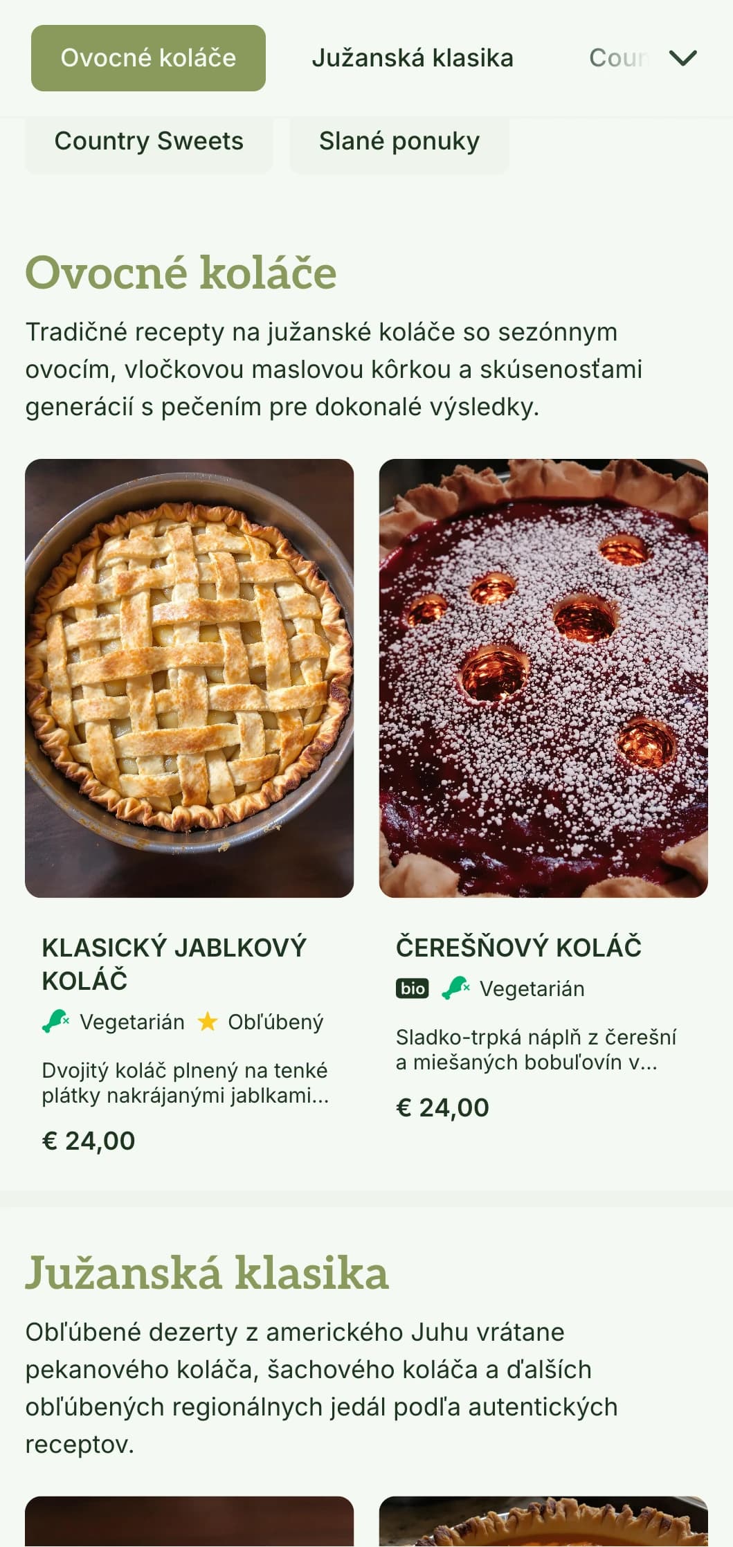 Teplý dizajn jedálneho lístka pekárne inšpirovaný južanským štýlom s olivovými tónmi a tradičnou typografiou, ideálny pre predajne koláčov a pekárne v južanskom štýle.
