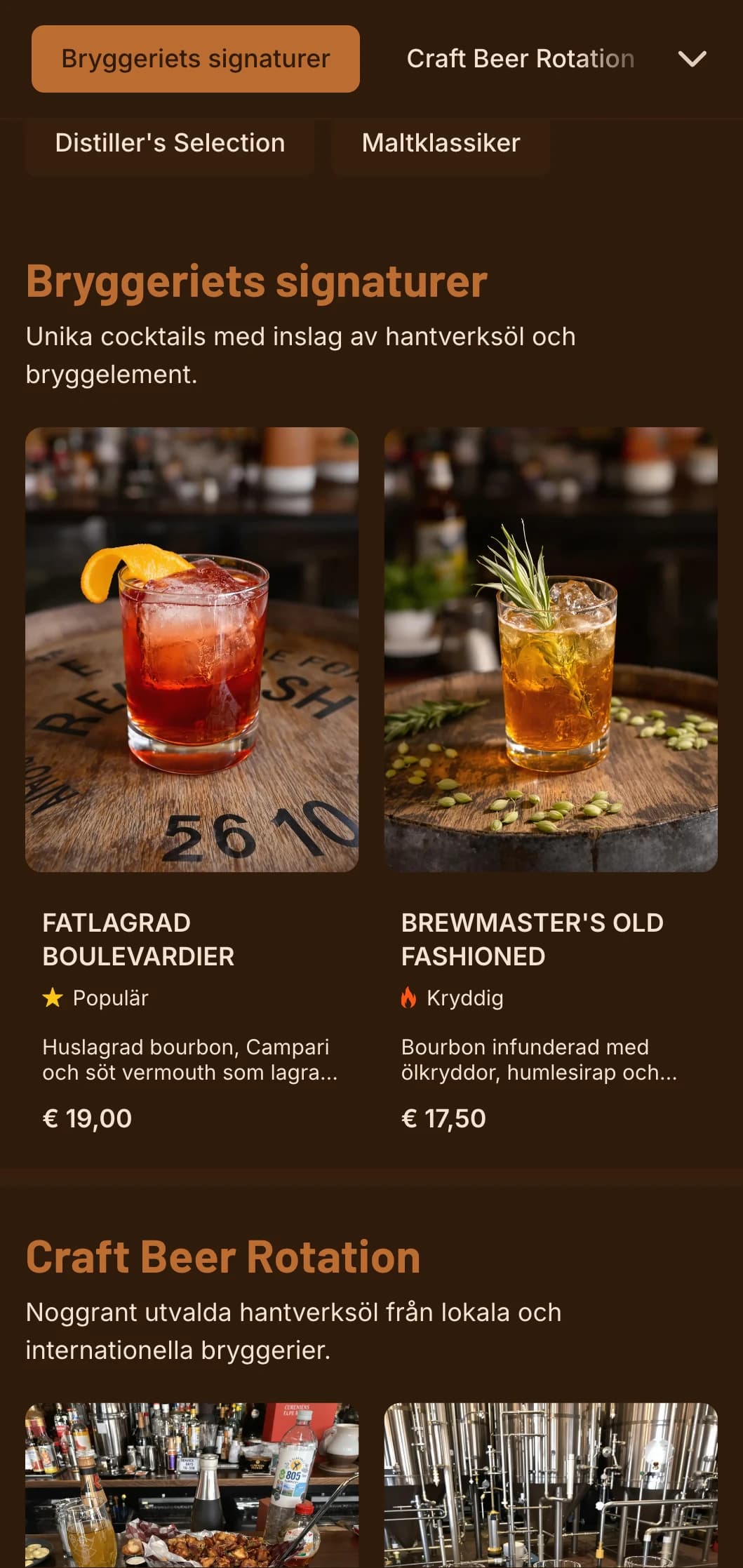 Varm orange design med bryggelement för hantverksöl och cocktailställen.