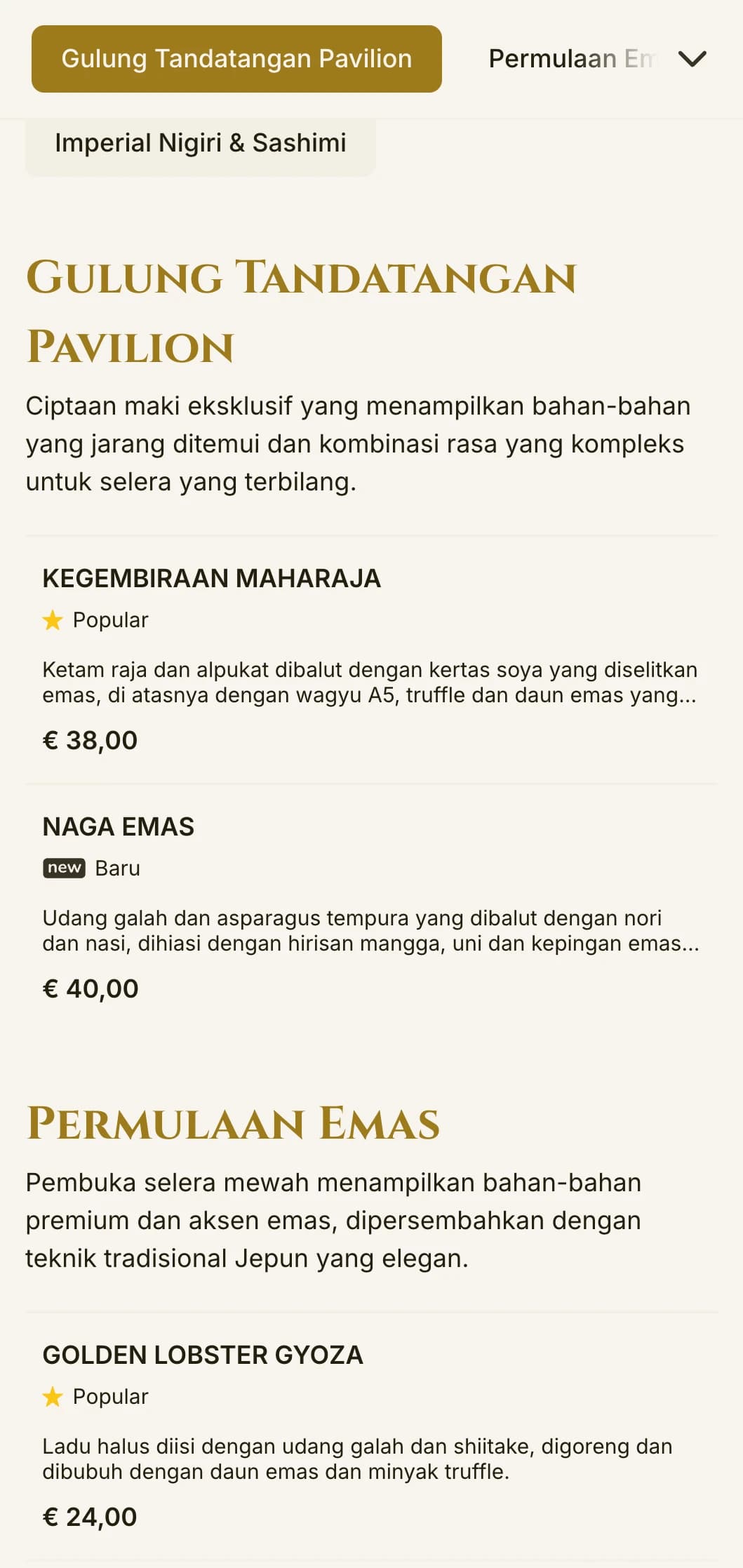 Menu sushi beraksen emas mewah yang diinspirasikan oleh kuil terkenal di Kyoto, menampilkan tipografi elegan dan unsur tradisional.