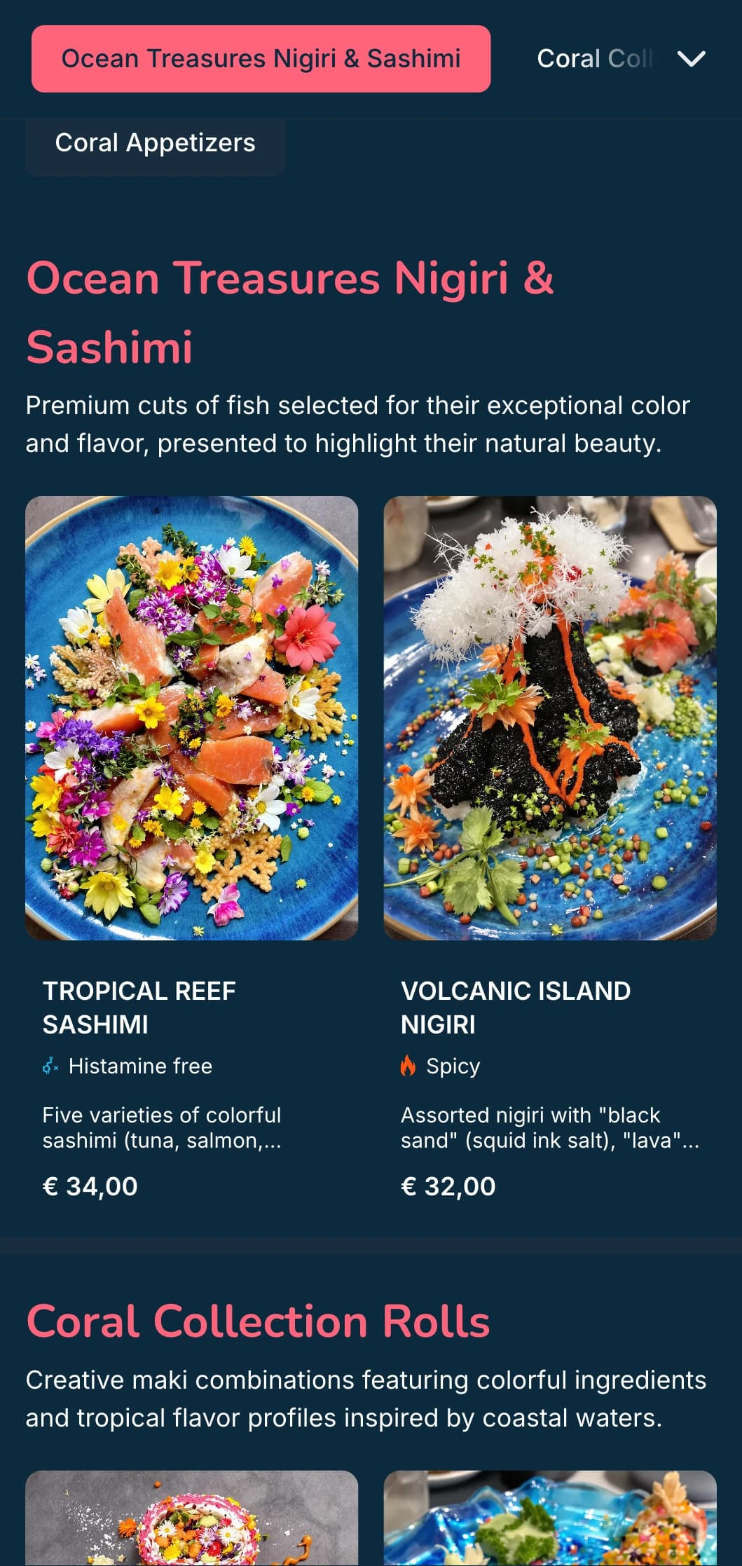 Vibrant ocean-inspired sushi menu featuring coral pink accents against deep blue backgrounds, perfect for seafood specialists.