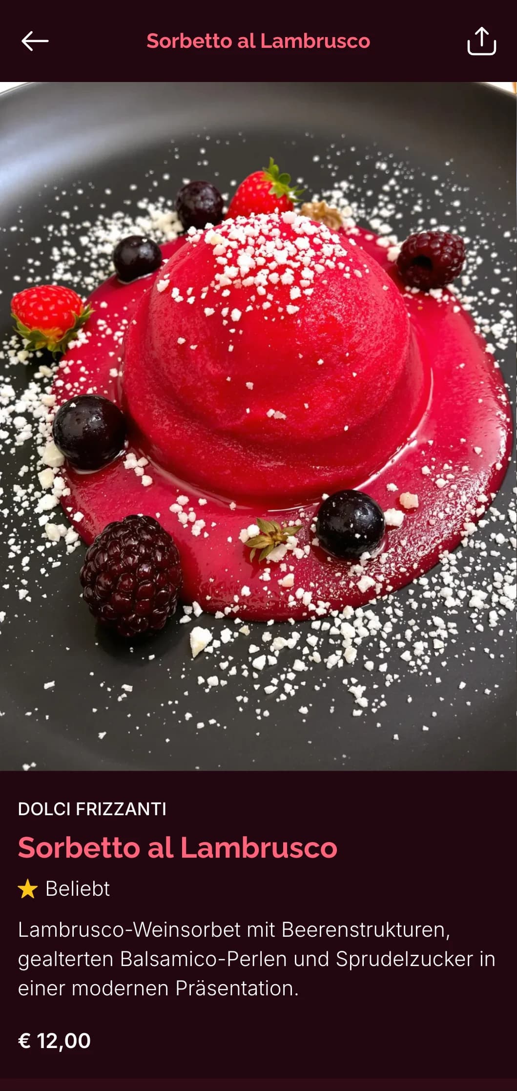 Modernes Design mit leuchtend roten Akzenten, die den berühmten Frizzante-Rotwein der Emilia-Romagna feiern.