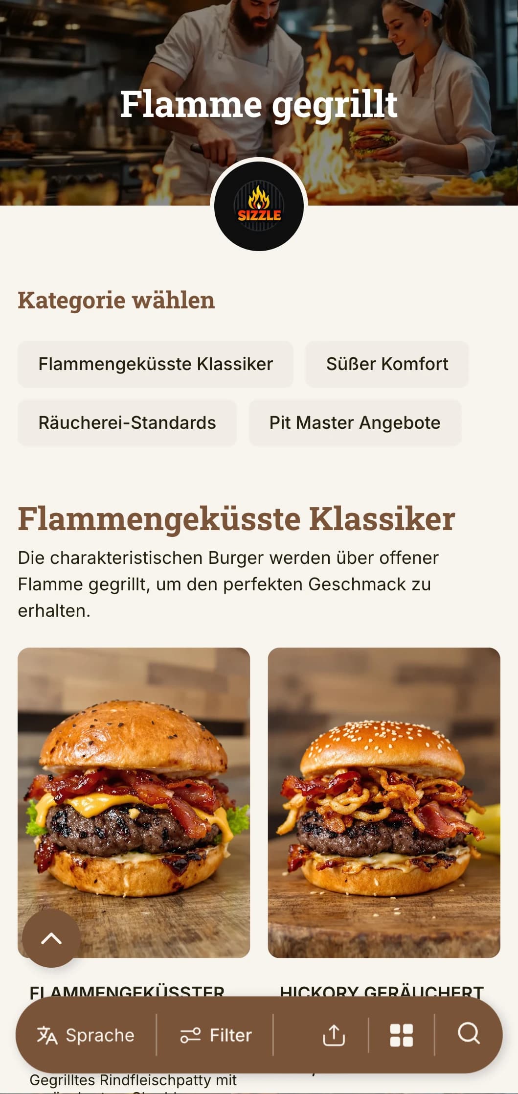 Kühnes, auf den Grill ausgerichtetes Design mit warmen Holztönen und Flammenakzenten für ein authentisches Burger-Erlebnis vom Holzkohlegrill.