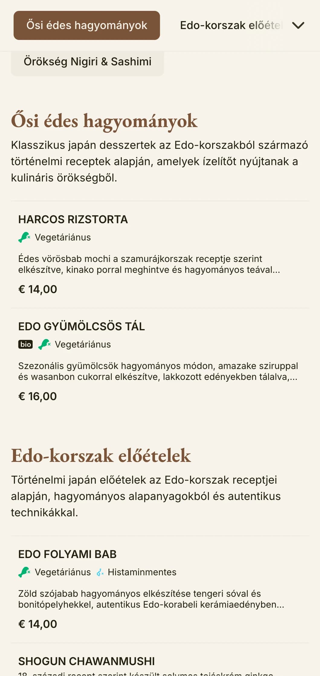 Történelmi japán ihletésű sushi-menü, amely a hagyományos Edo-korszak esztétikáját mutatja be klasszikus tipográfiával.